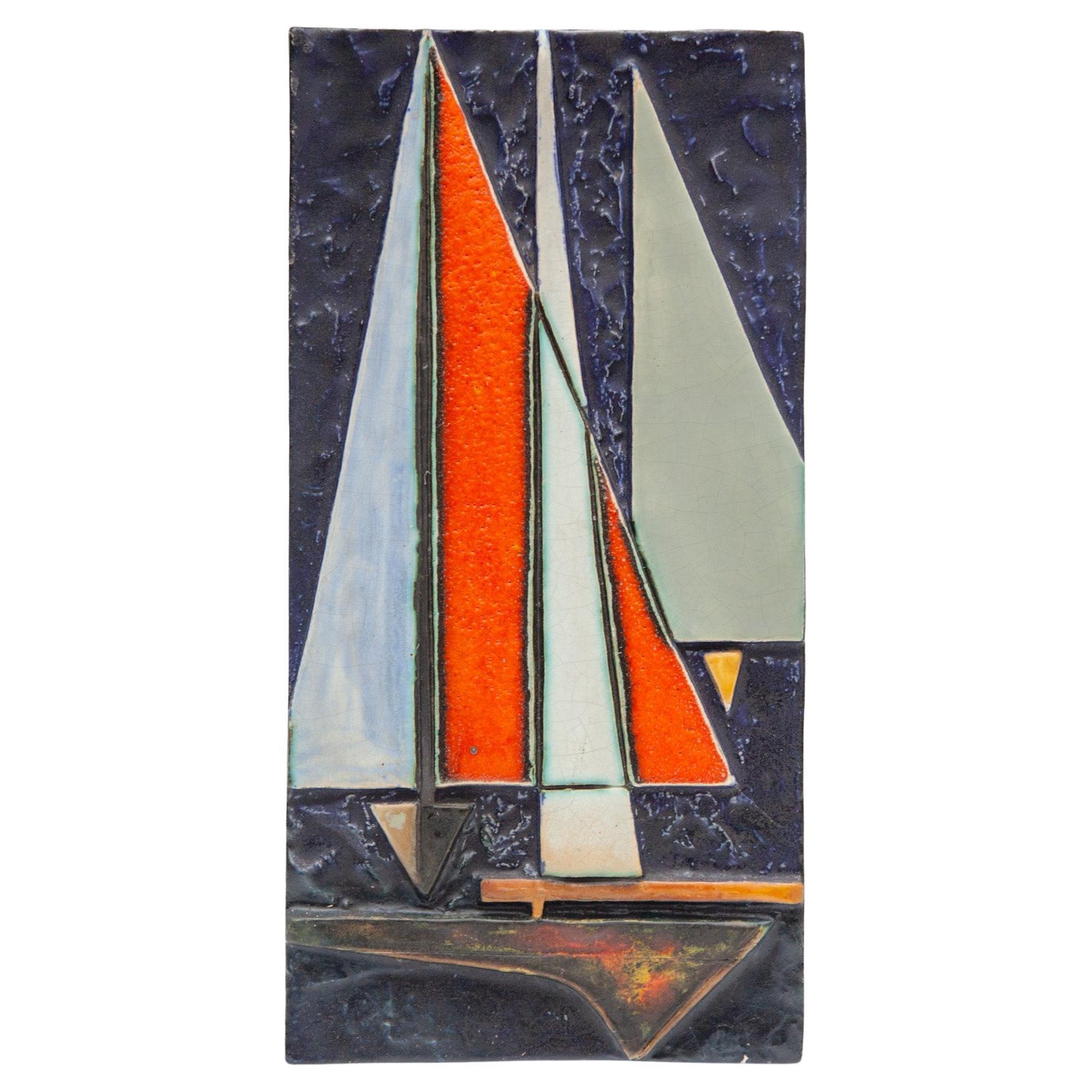 German Abstract Sailing Boat Wall Mounted Tile by Helmut Schäffenacker, 1960s