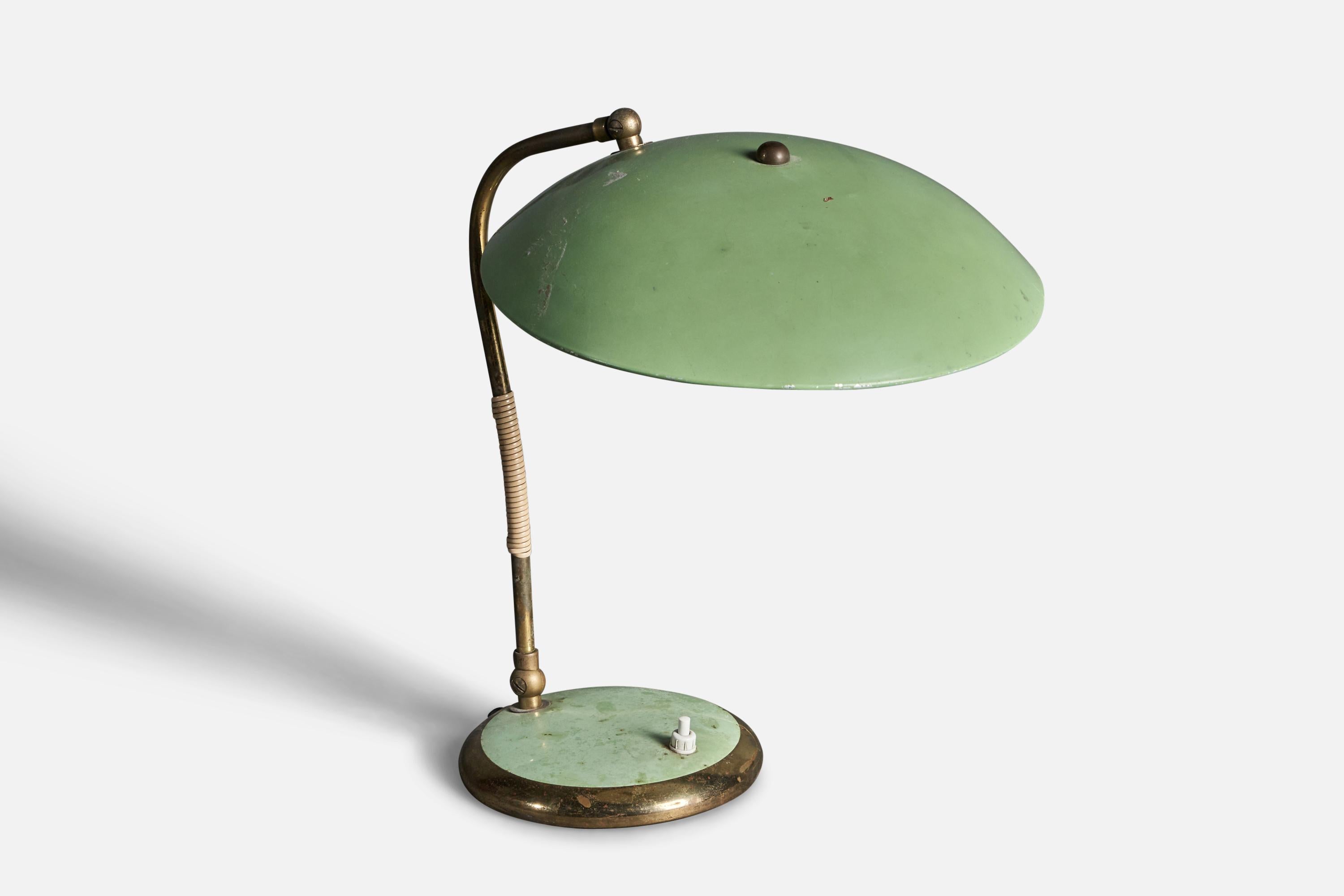 Mid-Century Modern German, Adjustable Desk Light, Brass Green-Lacquered Metal Rubber Germany, 1950s