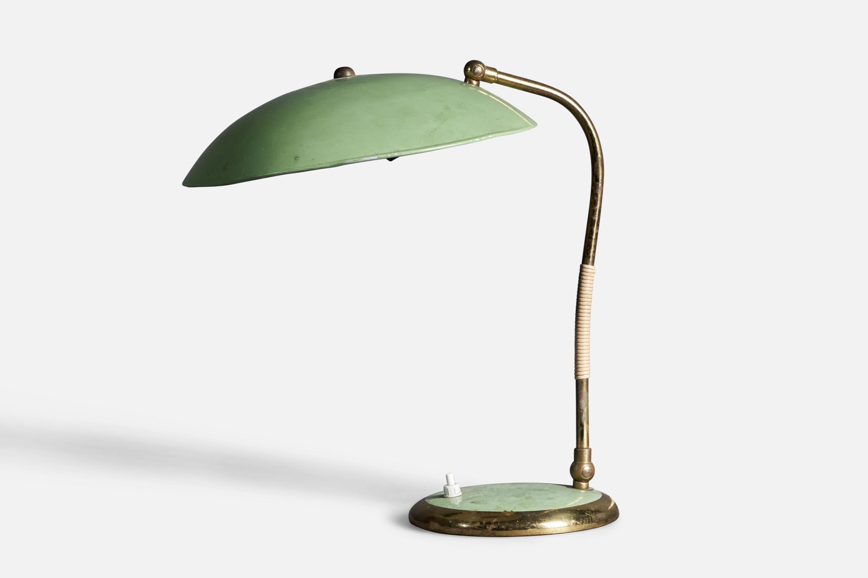 German, Adjustable Desk Light, Brass Green-Lacquered Metal Rubber Germany, 1950s 1
