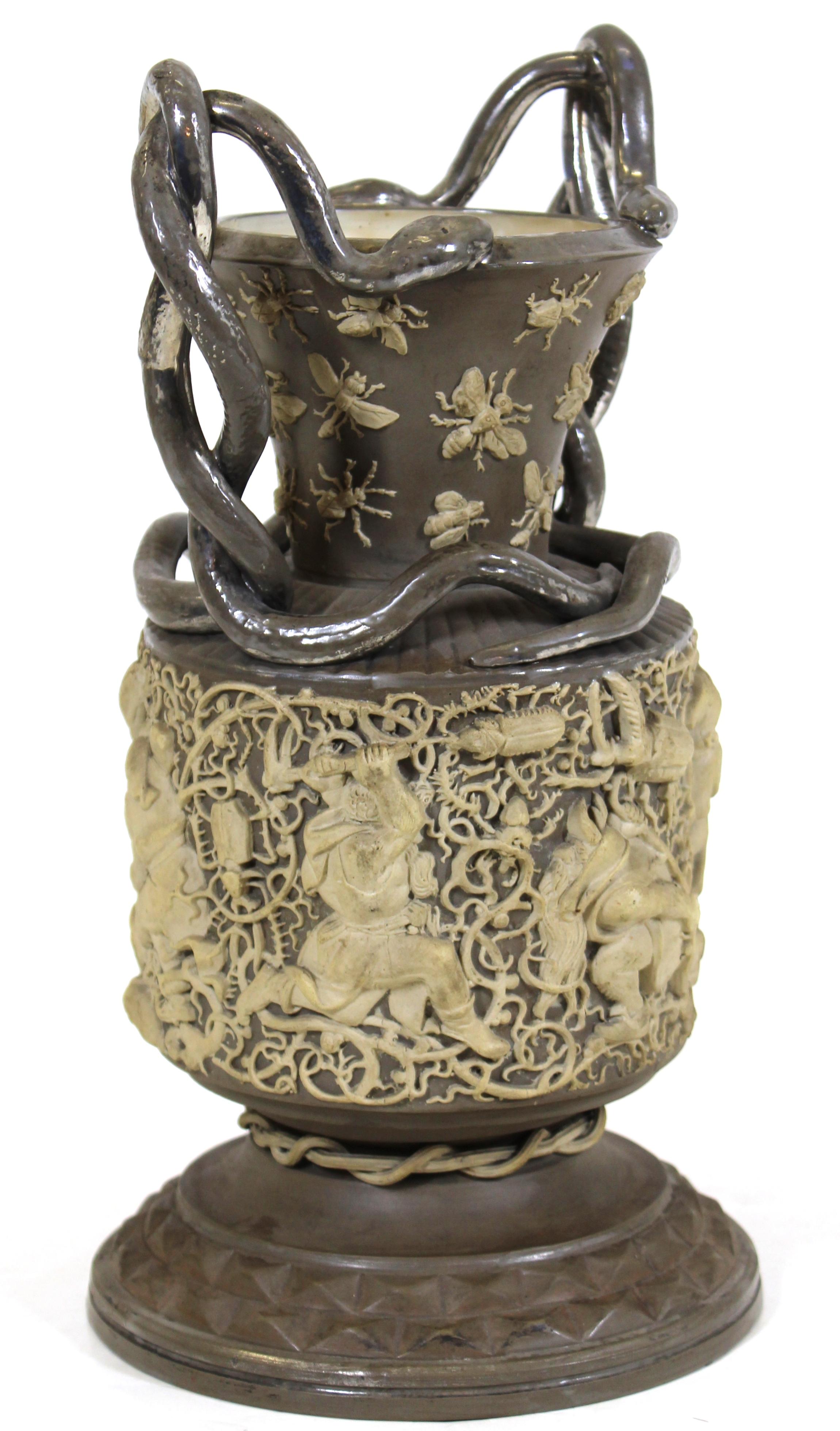 Aesthetic Movement German Aesthetic Style Exhibition Vase with Bugs, Bees and Snake Handles