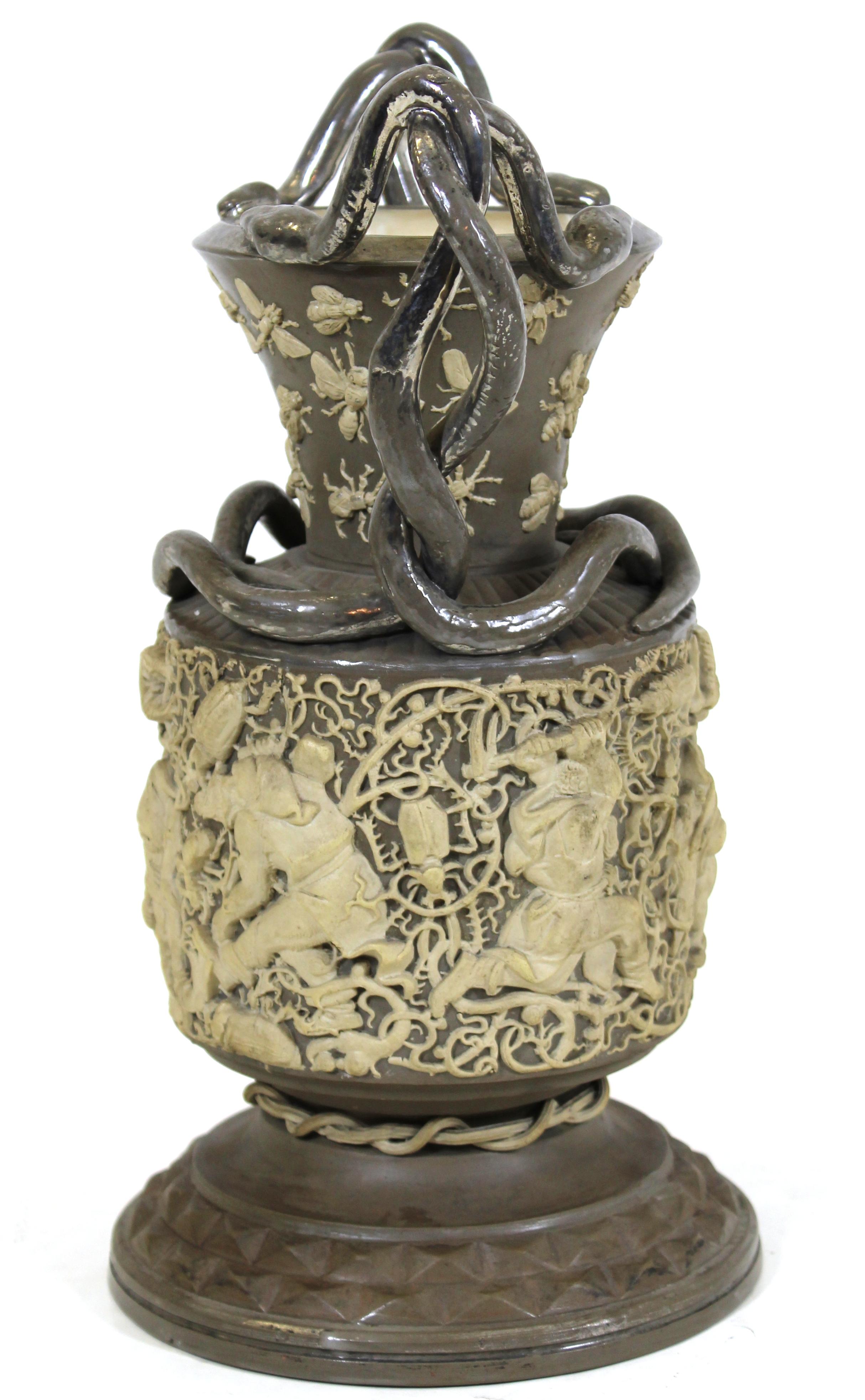 German Aesthetic Style Exhibition Vase with Bugs, Bees and Snake Handles In Good Condition In New York, NY