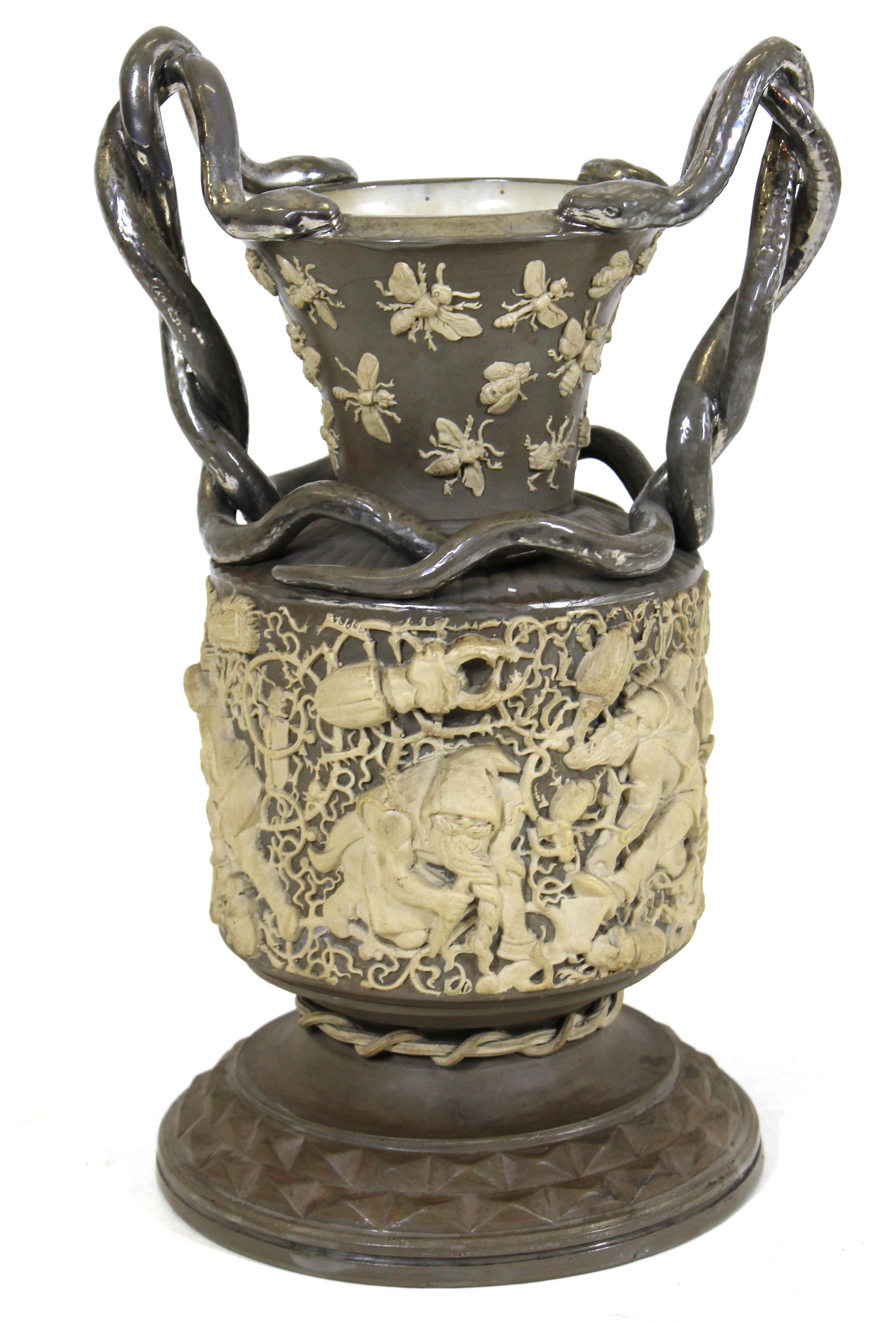 Late 19th Century German Aesthetic Style Exhibition Vase with Bugs, Bees and Snake Handles