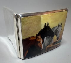 German Alpaca and Hand-Painted Enamel Equestrian Cigarette Case, circa 1930