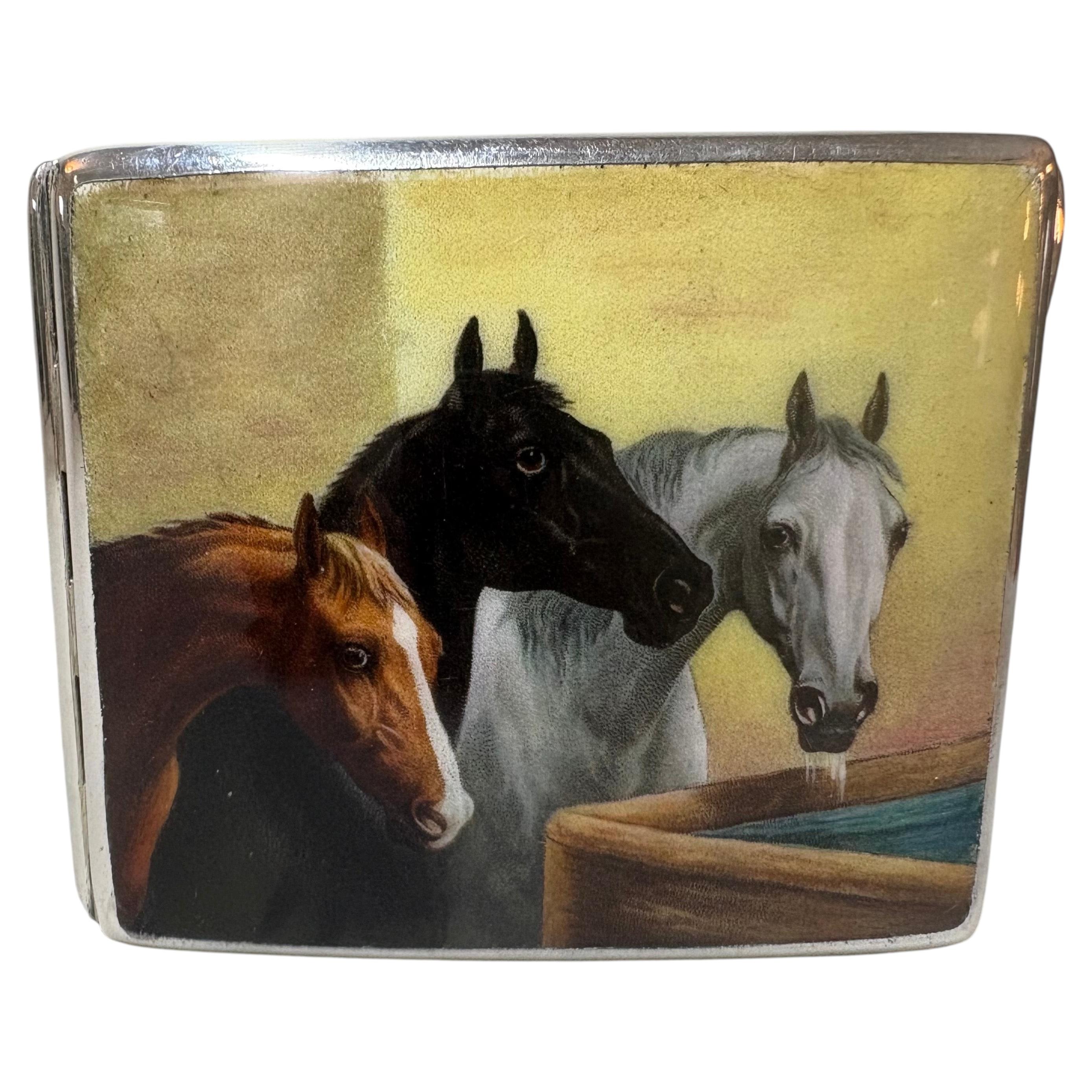German Alpaca and Hand-Painted Enamel Equestrian Cigarette Case, circa 1930