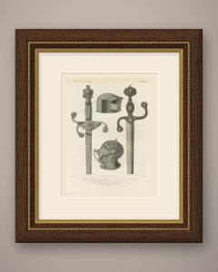 German and Italian Swords and Helmets, Antique Print, 1851