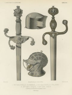 German and Italian Swords and Helmets, Antique Print, 1851