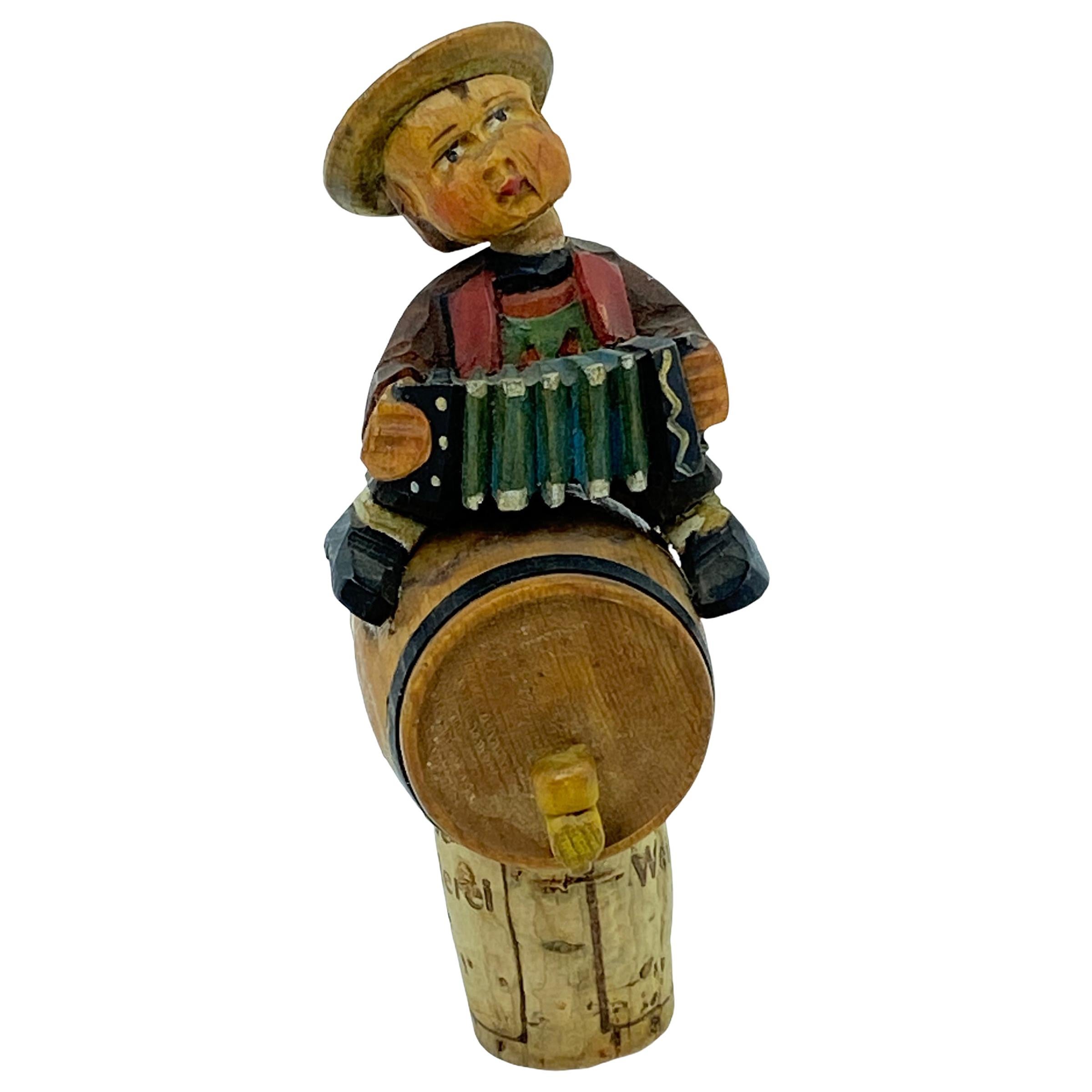 German Anri Wood Carved Figural Boy on Barrel Cork Bottle Stopper, 1920s