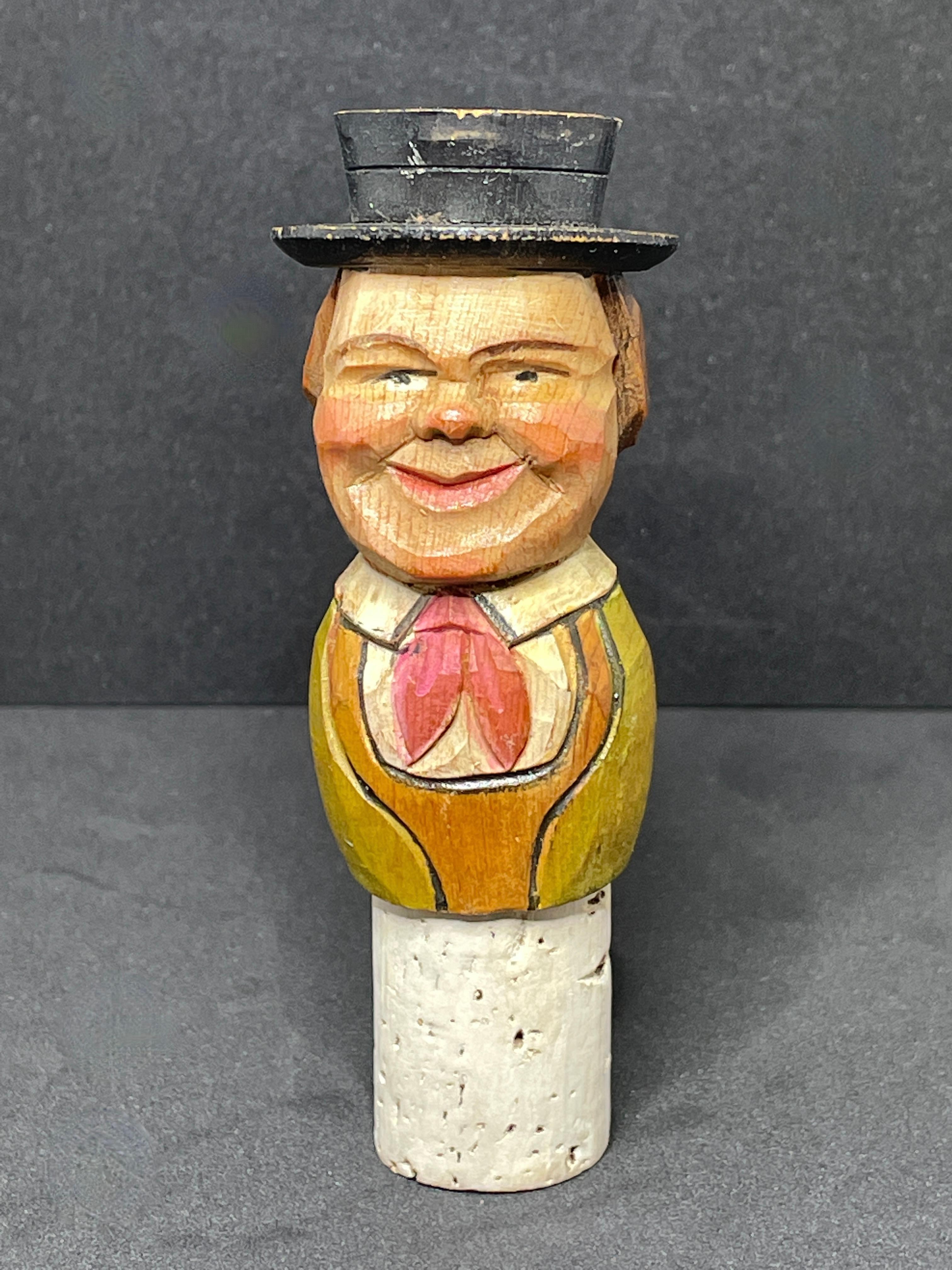 Adorable wood and cork bottle stopper, Germany, 1950s. Ideal decoration bottle stopper. Great idea to surprise your guests or a very interesting gift.