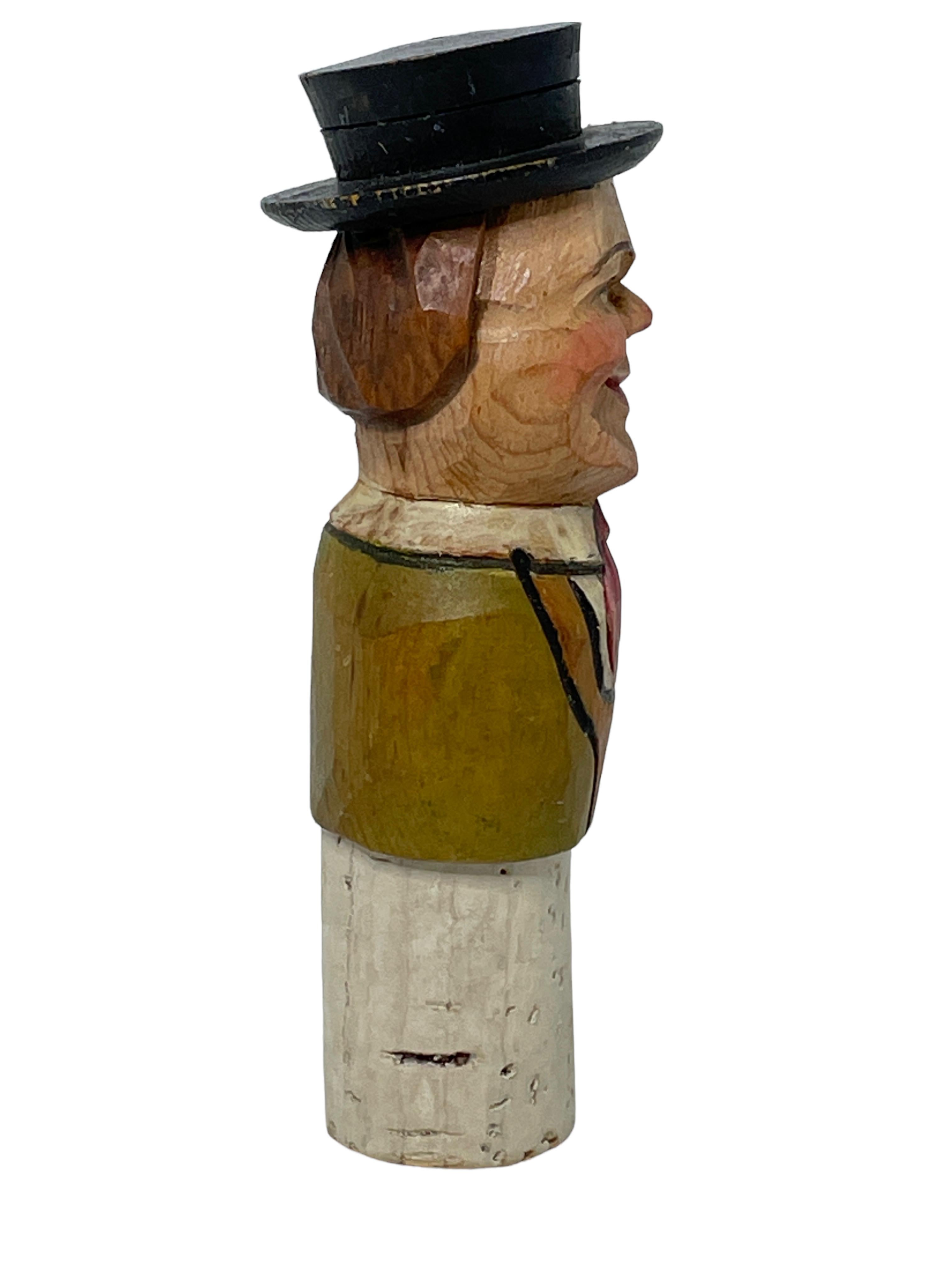 Folk Art German ANRI Wood Carved Figural Gentleman Cork Bottle Stopper, 1950s For Sale