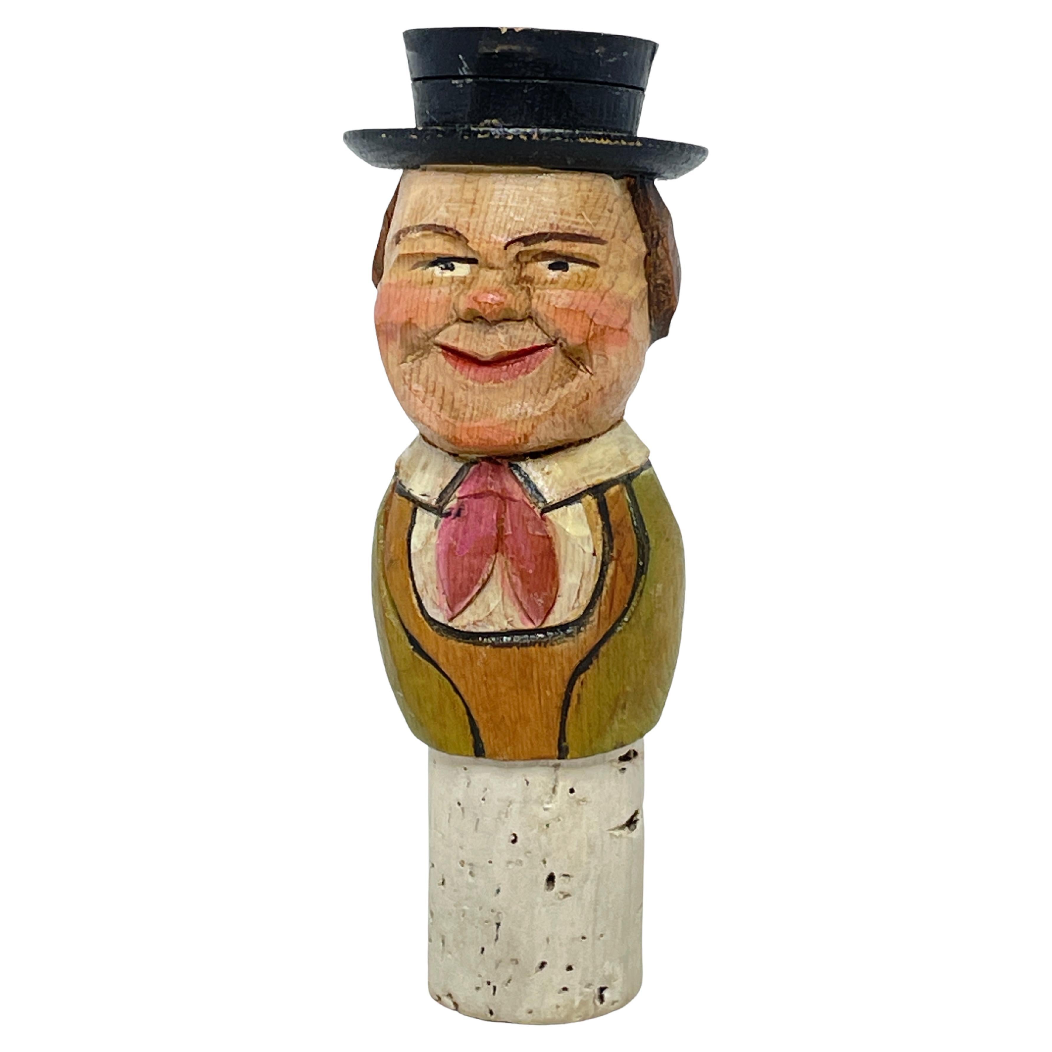 German ANRI Wood Carved Figural Gentleman Cork Bottle Stopper, 1950s For Sale