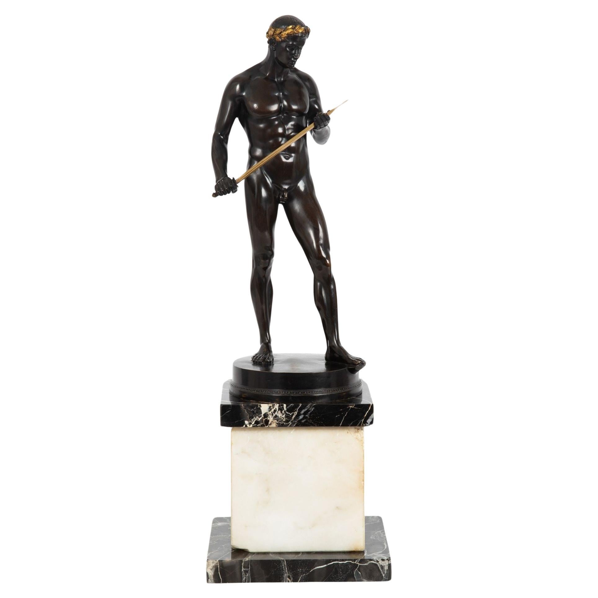 German Antique Bronze Sculpture “Fencer” by Fritz Heinemann For Sale