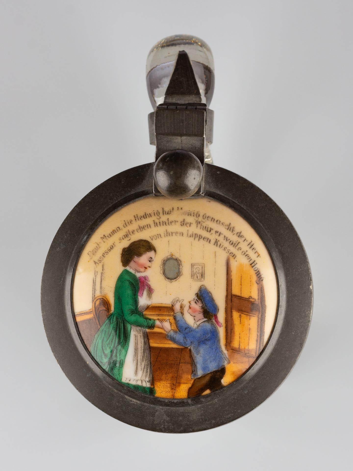 Allemand Pichet de bière en verre à couvercle, porcelaine, étain. en vente