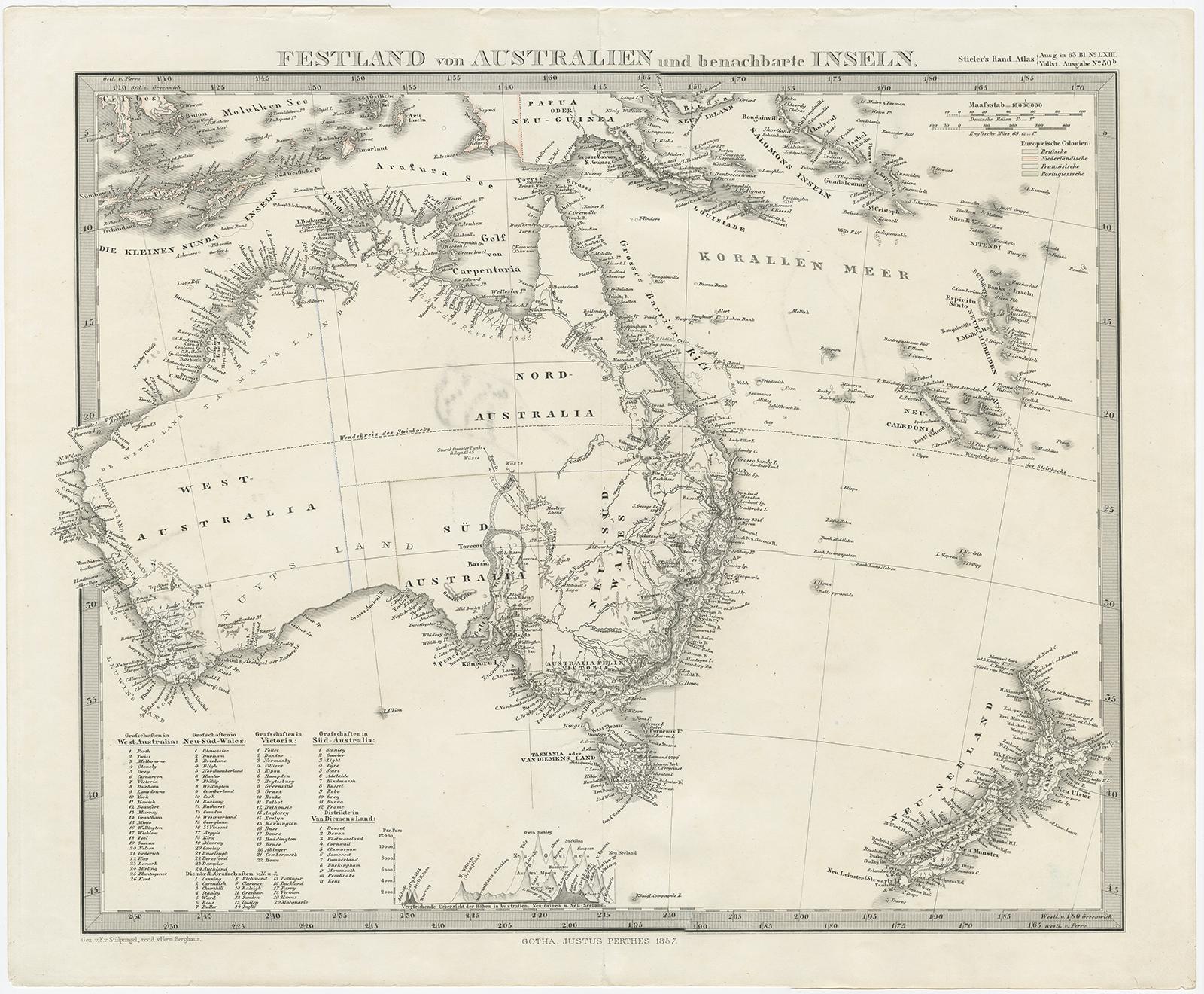 Papier Carte ancienne allemande d'Australie et de Nouvelle-Zélande, 1857 en vente