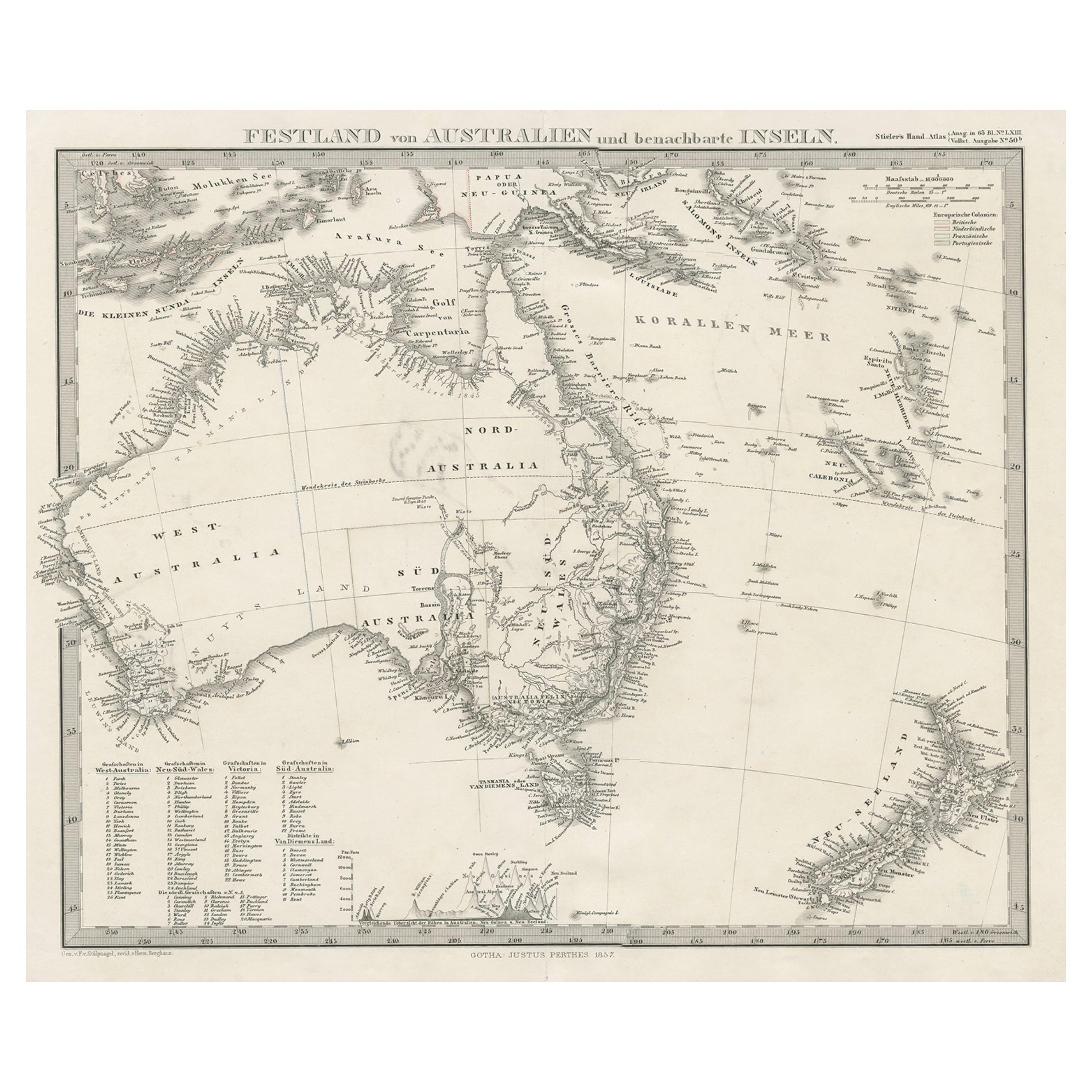 German Antique Map of Australia and New Zealand, 1857