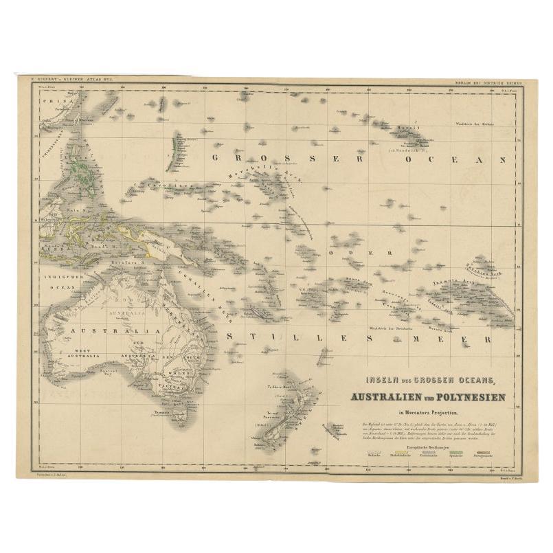 Carte ancienne allemande d'Australie et de Polynésie, vers 1870 en vente