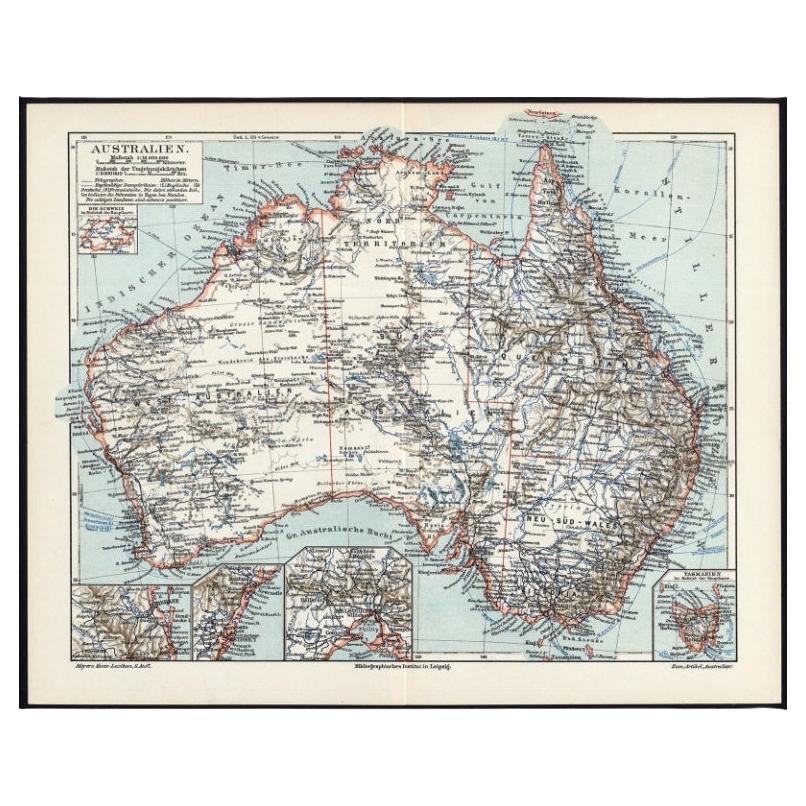 Carte ancienne allemande de l'Australie, Meyers, 1885