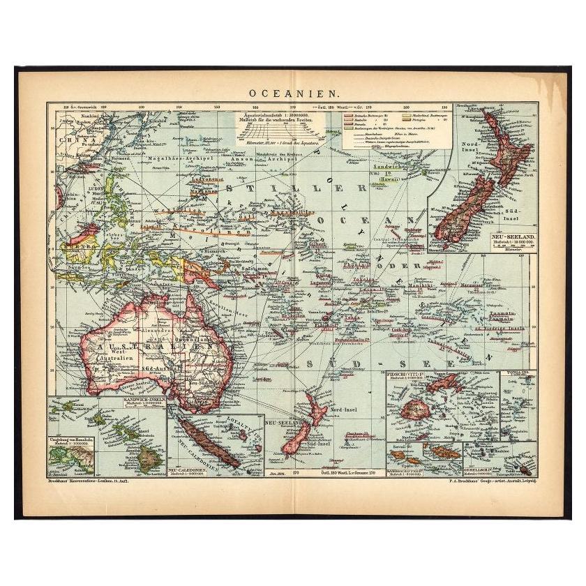 German Antique Map of Oceania, 1895 For Sale
