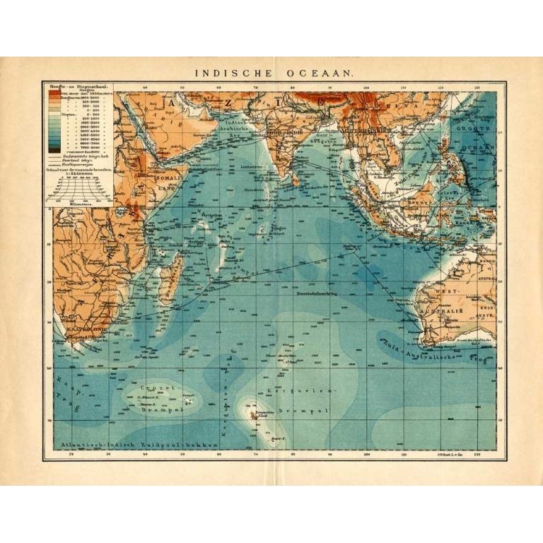 Carte ancienne allemande de l'Oceaan indien, Meyers, 1895