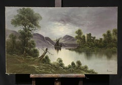 Very Large Antique German Signed Oil Painting Moonlit River Landscape Castle1