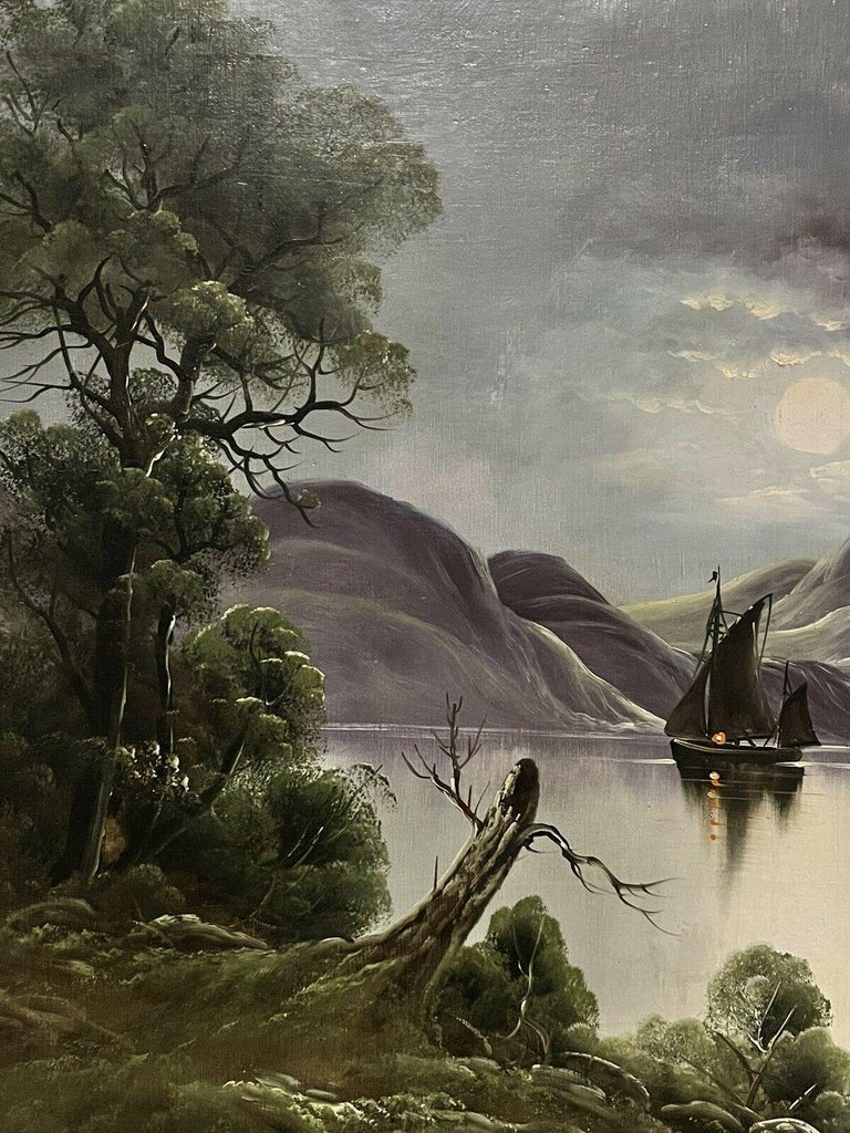 Artist/ School: German School, late 19th century, signed

Title: Moonlit lake scene with ancient castle ruins

Medium: large signed oil painting on canvas, unframed.

canvas:  30 x 50 inches

Provenance: private collection, UK

Condition: The