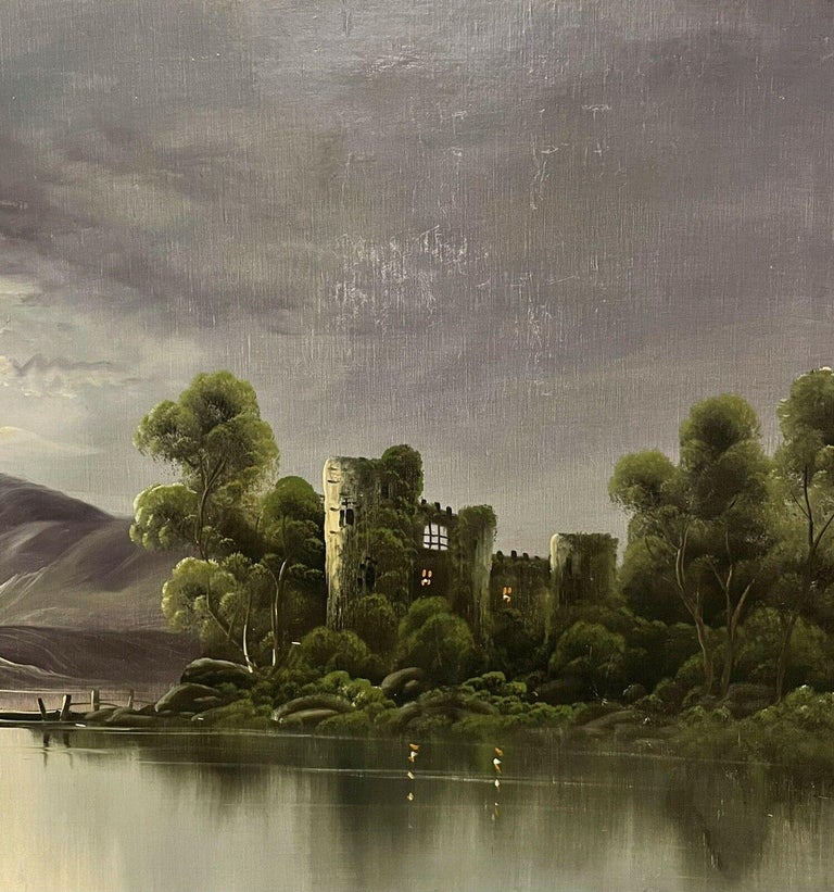 Very Large Antique German Signed Oil Painting Moonlit River Landscape Castle1 1