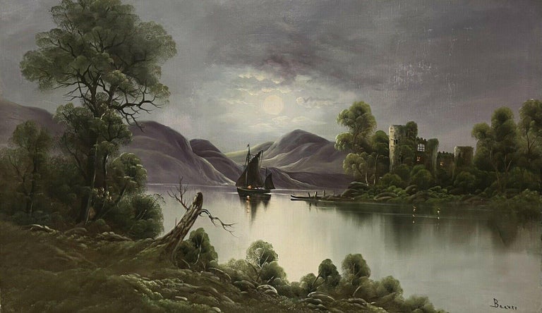 German Antique Landscape Painting - Very Large Antique German Signed Oil Painting Moonlit River Landscape Castle1