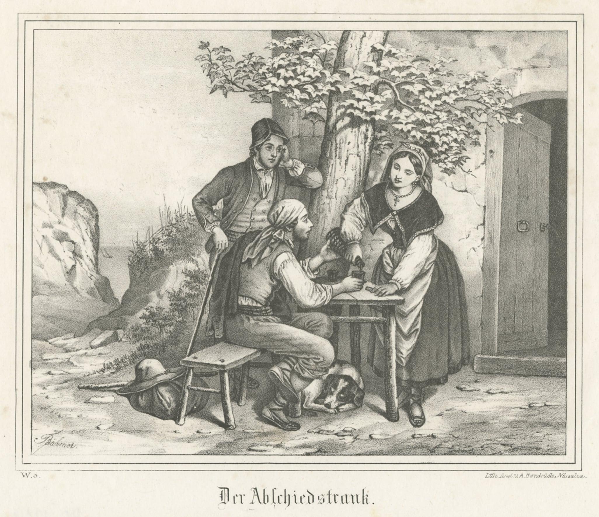 Paper German Antique Print of People Having a Farewell or Goodbye Drink, C.1880