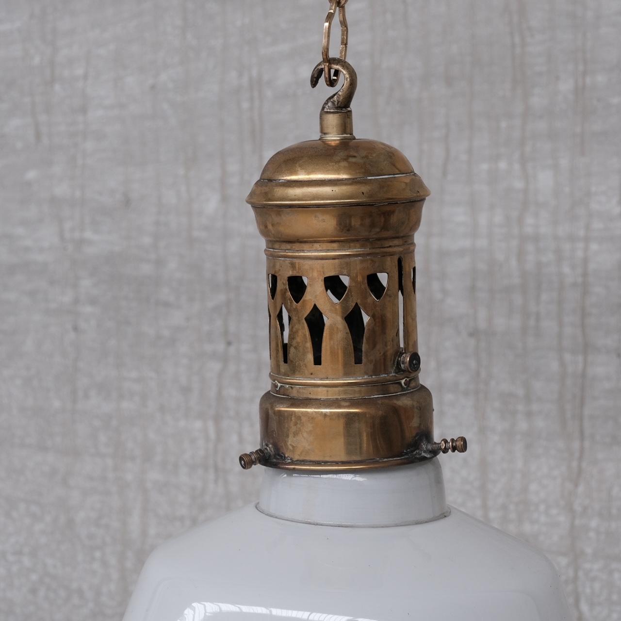 German Antique Two Tone Brass and Glass Pendant Light In Good Condition For Sale In London, GB