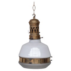 German Antique Two Tone Brass and Glass Pendant Light