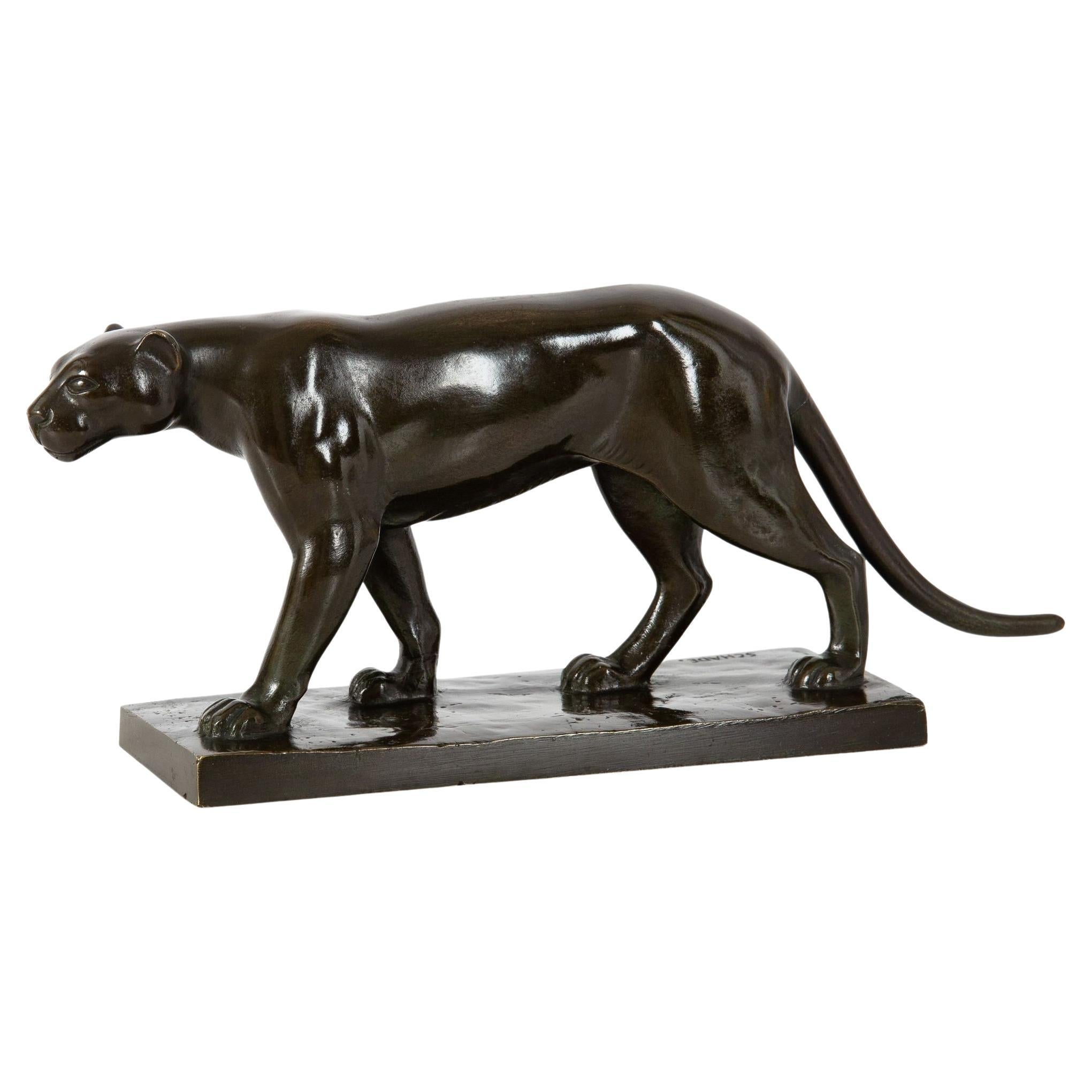 German Art Deco Antique Bronze Sculpture “Stalking Panther”, Wilhelm Schade For Sale