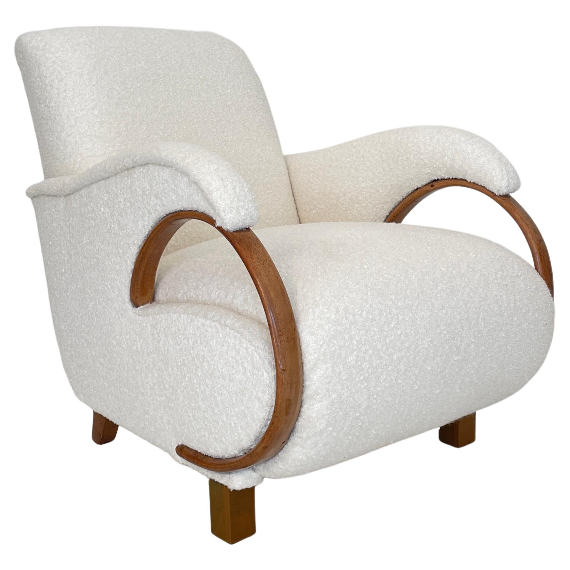 Art Deco Armchair in Brown Walnut and Ivory Color Boucle Fabric, Germany 1920s