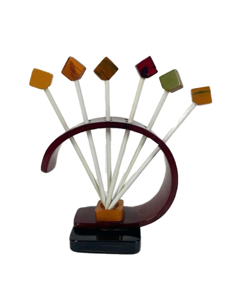 German Art Deco Bakelite Cocktail Picks and Stand In Good Condition For Sale In Nantucket, MA