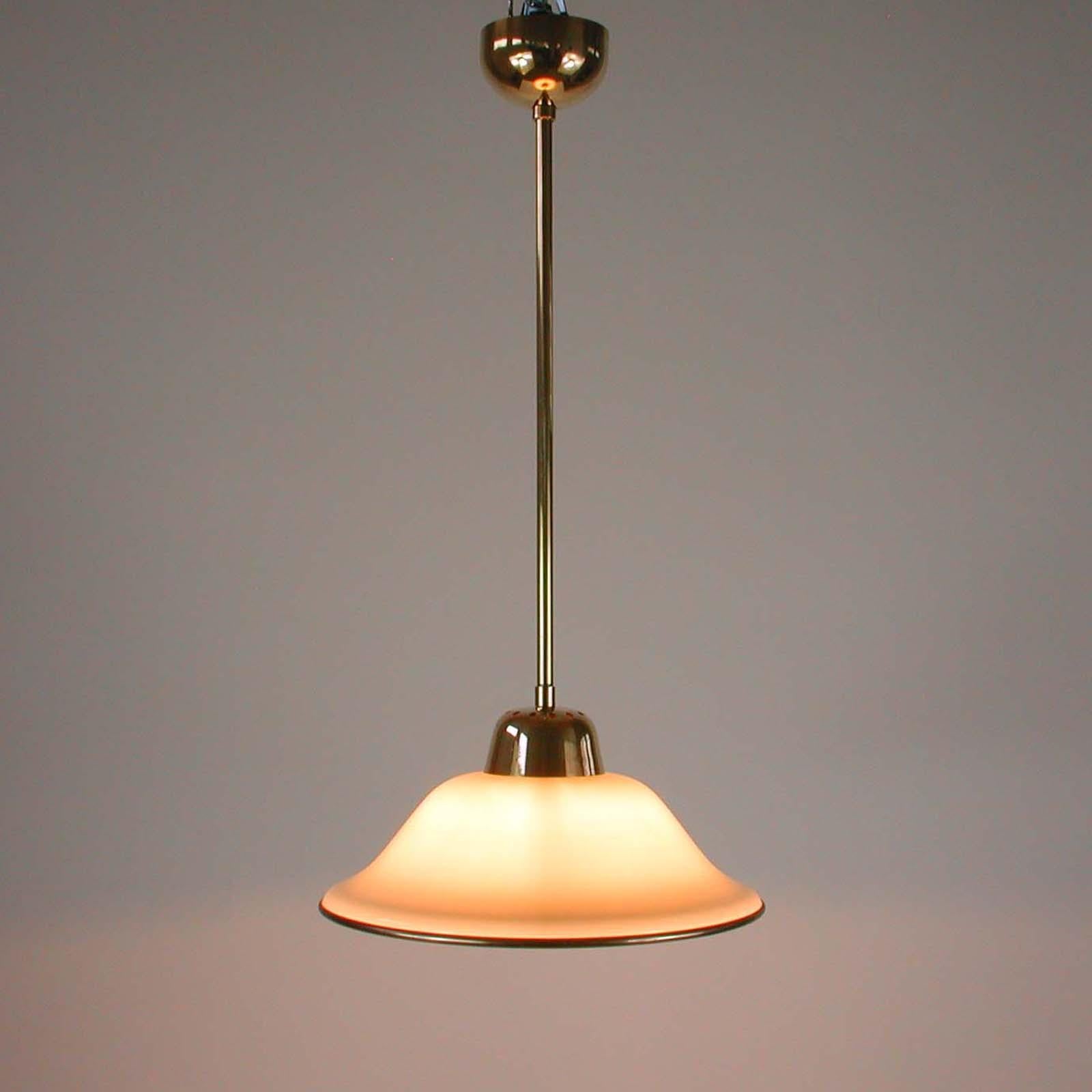 German Art Deco Bauhaus Cream Opaline Glass and Brass Pendant, 1930s For Sale 5