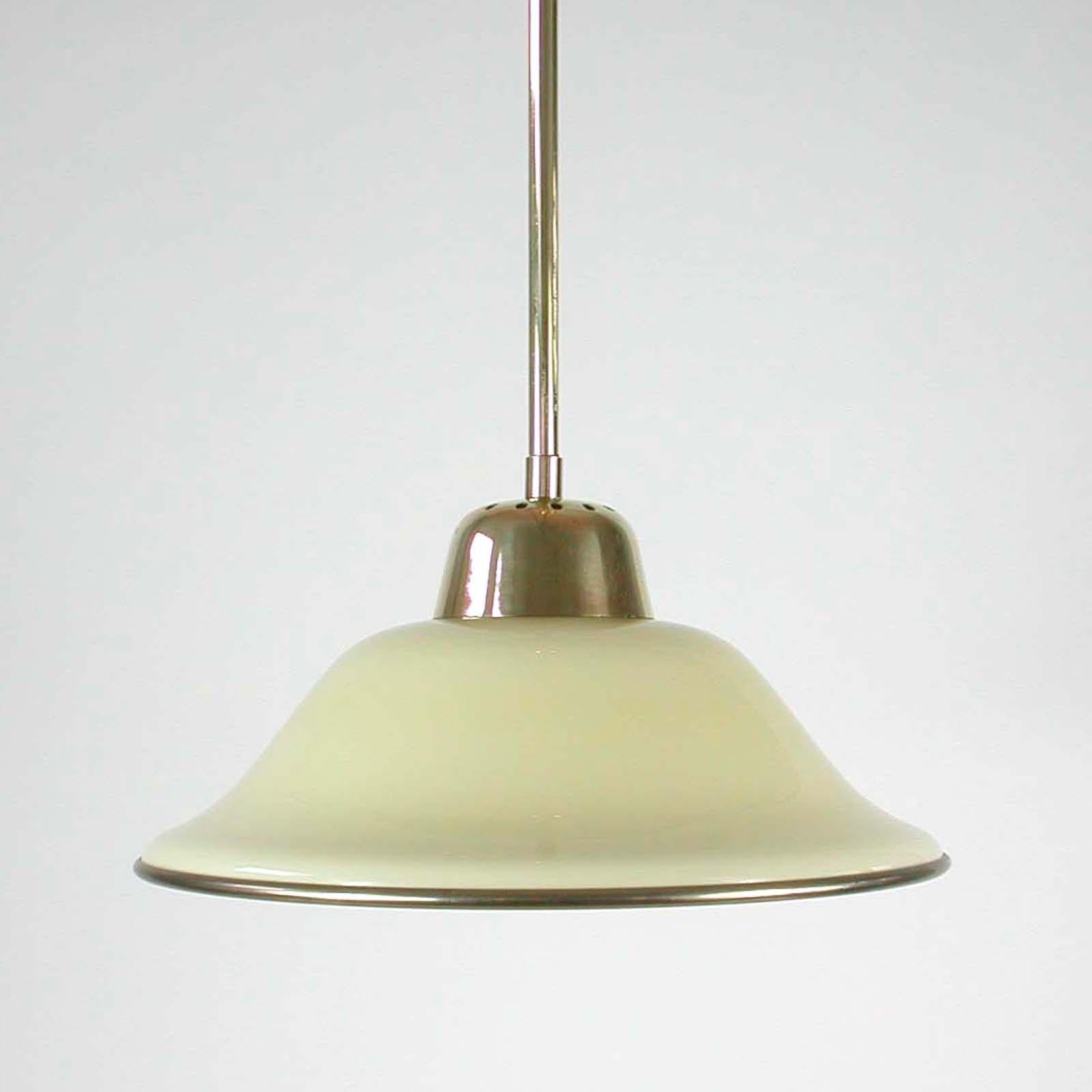 Mid-20th Century German Art Deco Bauhaus Cream Opaline Glass and Brass Pendant, 1930s For Sale