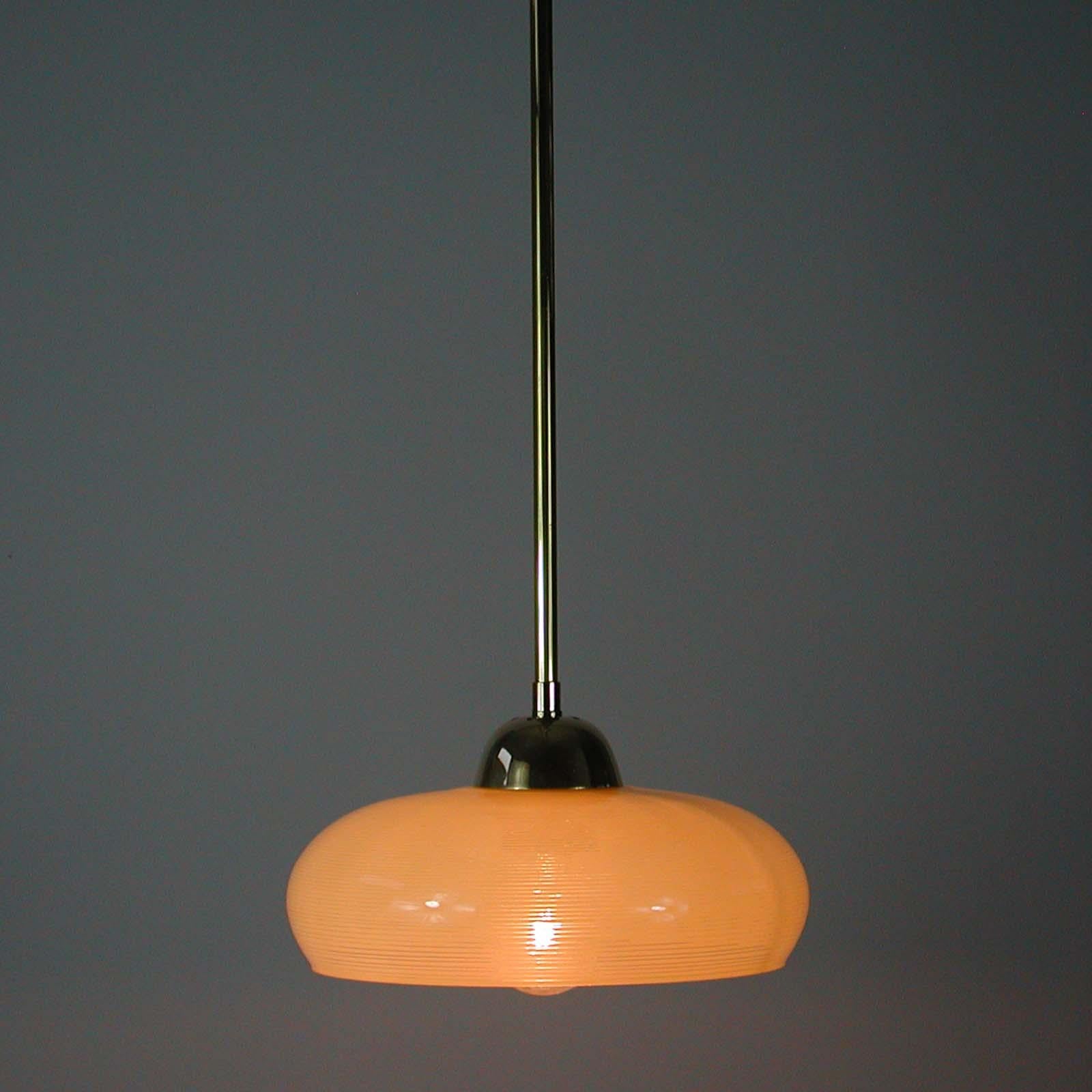 German Art Deco Bauhaus Cream Opaline Striped Glass and Brass Pendant, 1930s 7