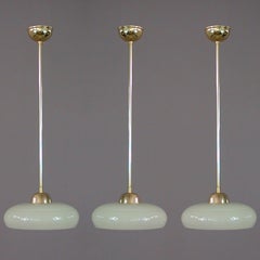 German Art Deco Bauhaus Cream Opaline Striped Glass and Brass Pendant, 1930s