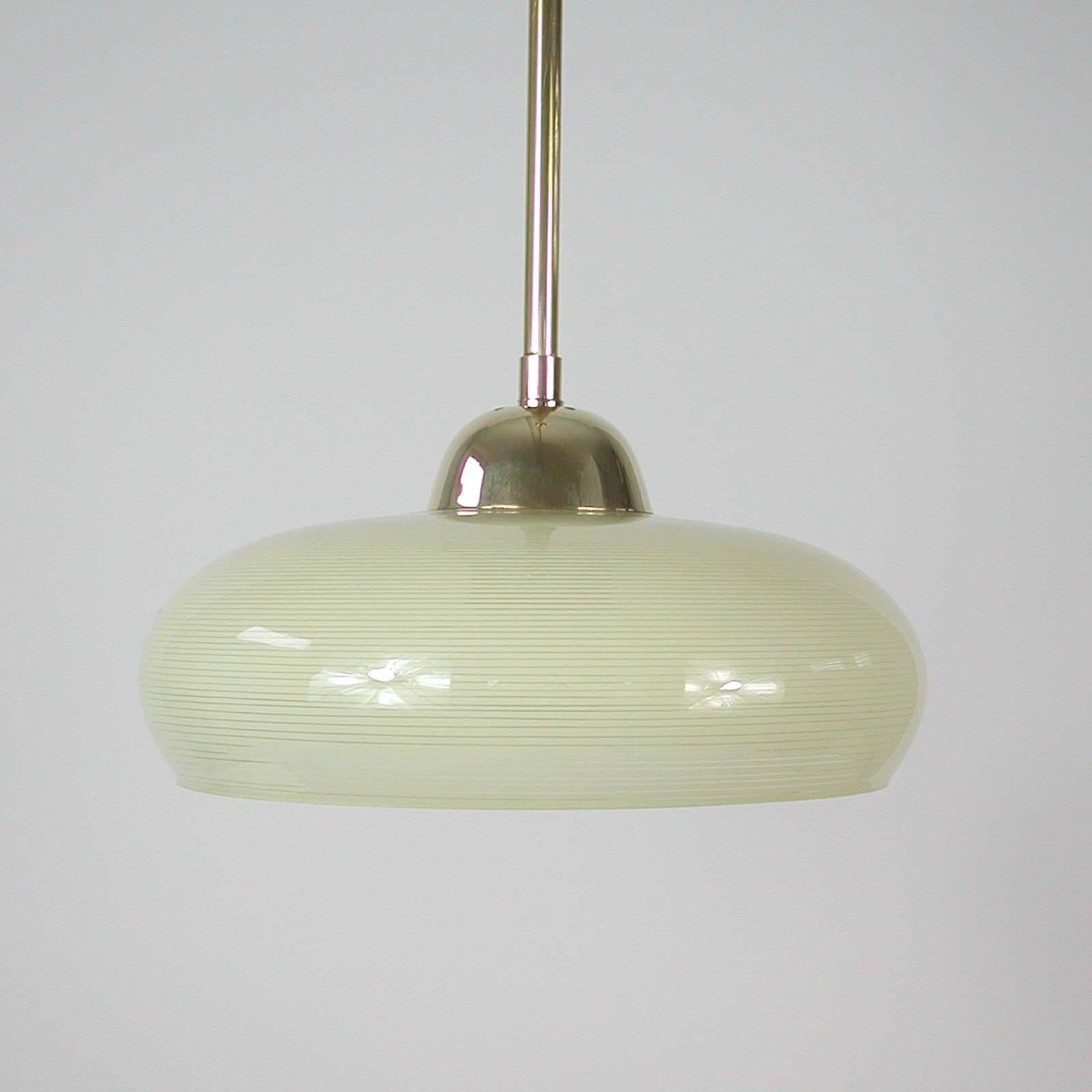 German Art Deco Bauhaus Cream Opaline Striped Glass and Brass Pendant, 1930s 3