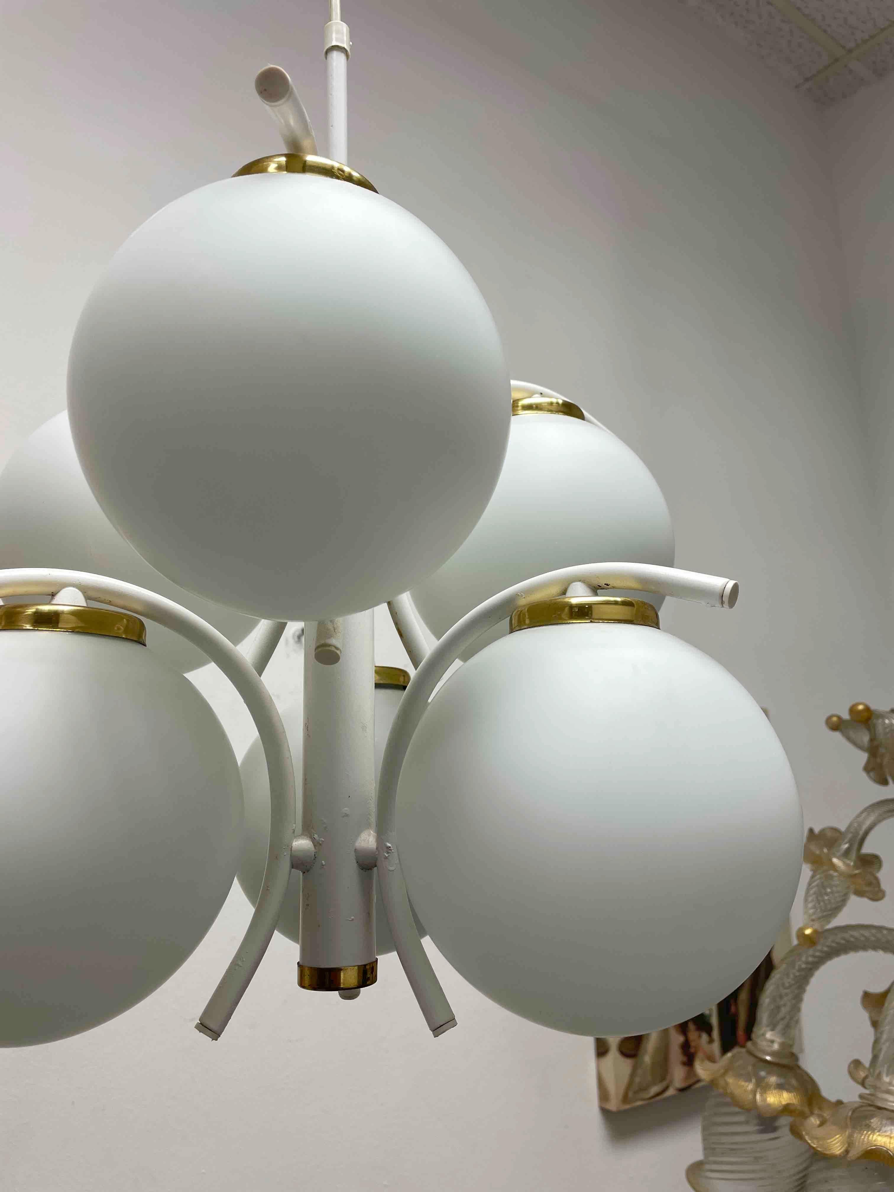 German Art Deco Bauhaus Style Opaline Glass Ball Sputnik Chandelier For Sale 4