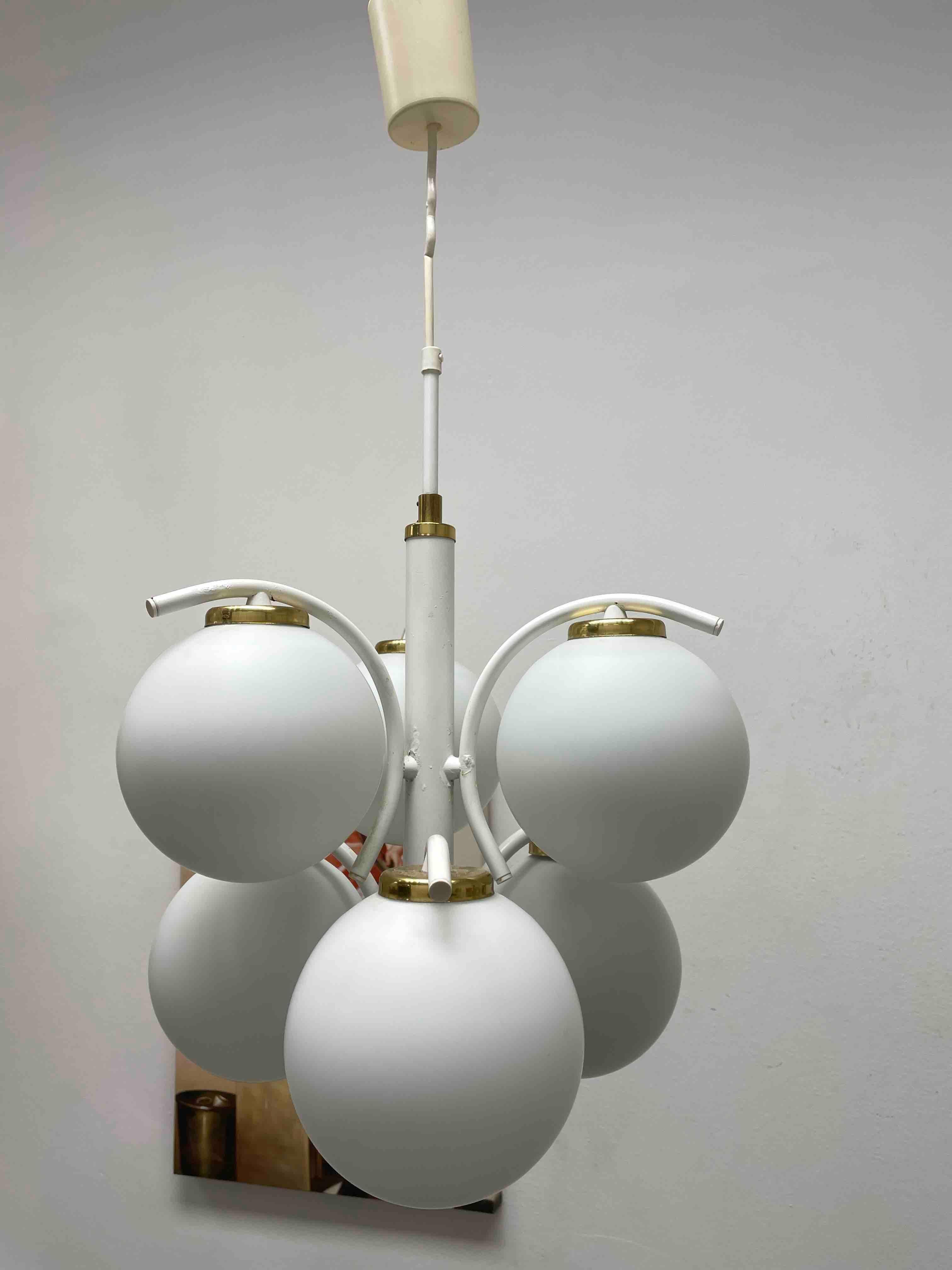 Metal German Art Deco Bauhaus Style Opaline Glass Ball Sputnik Chandelier For Sale
