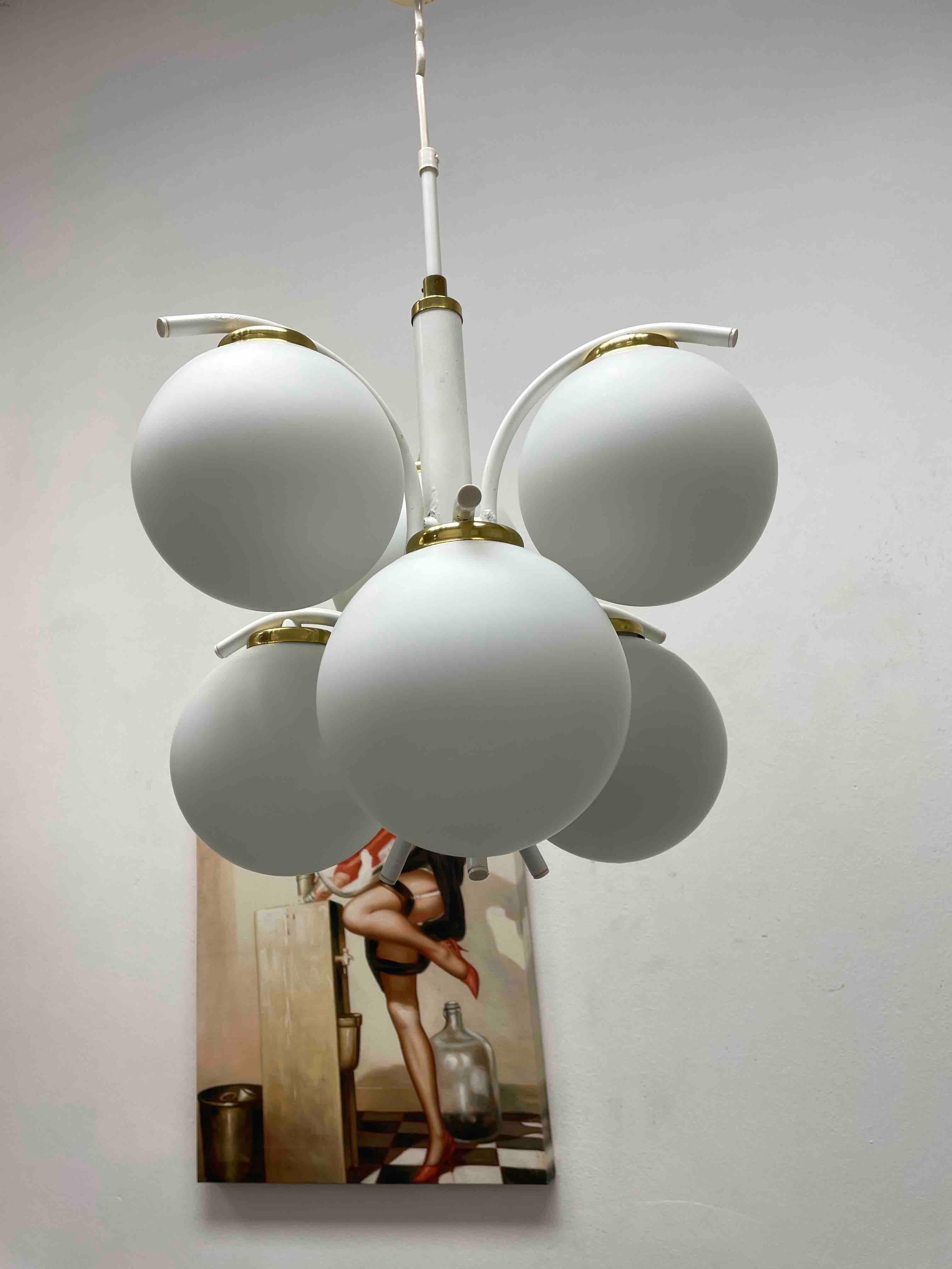 German Art Deco Bauhaus Style Opaline Glass Ball Sputnik Chandelier For Sale 1