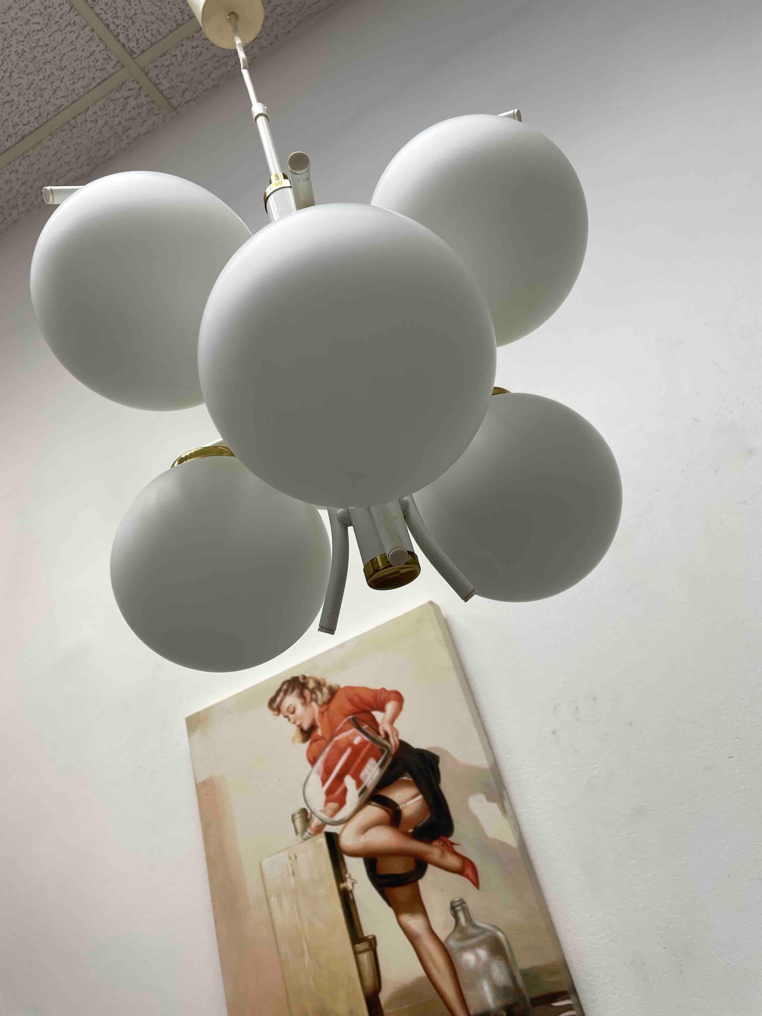 German Art Deco Bauhaus Style Opaline Glass Ball Sputnik Chandelier For Sale 2