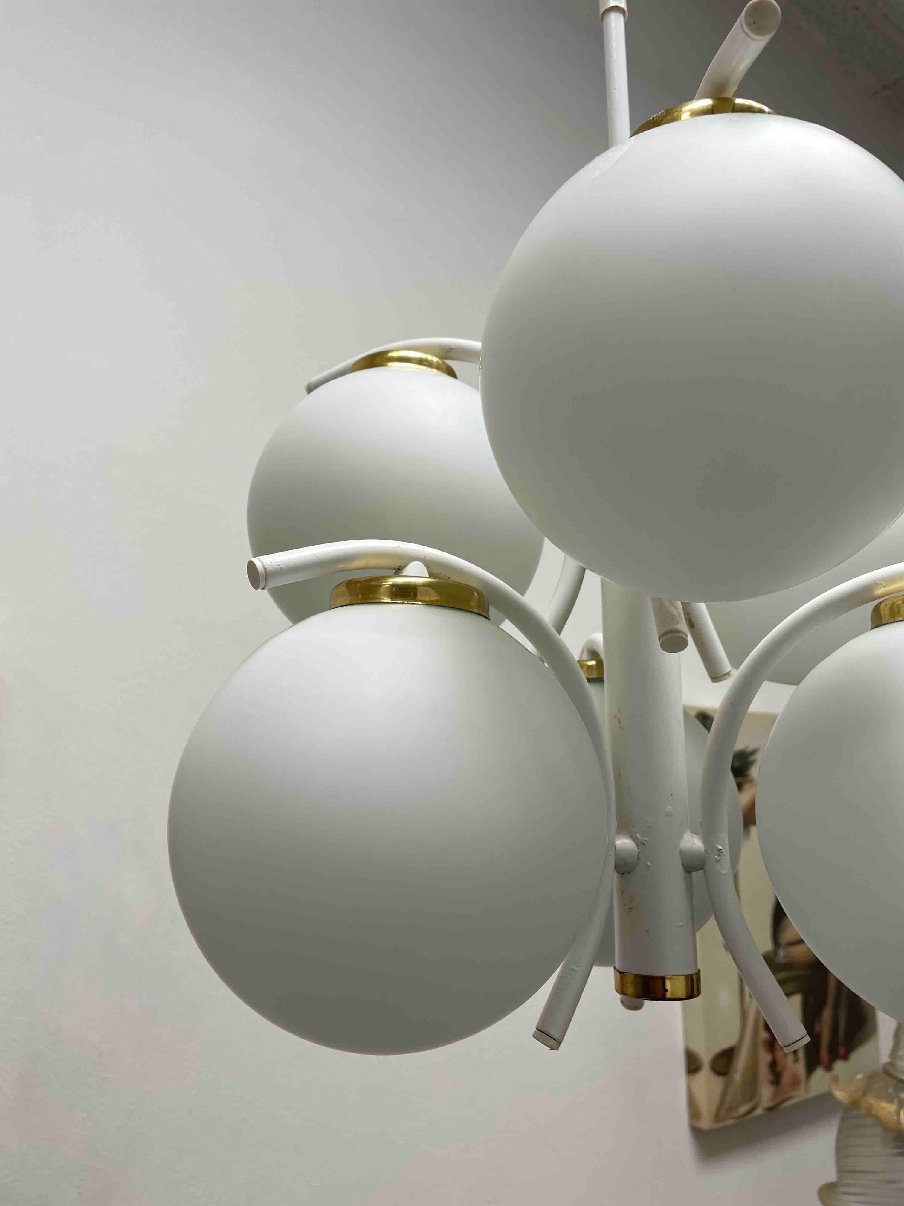 German Art Deco Bauhaus Style Opaline Glass Ball Sputnik Chandelier For Sale 3