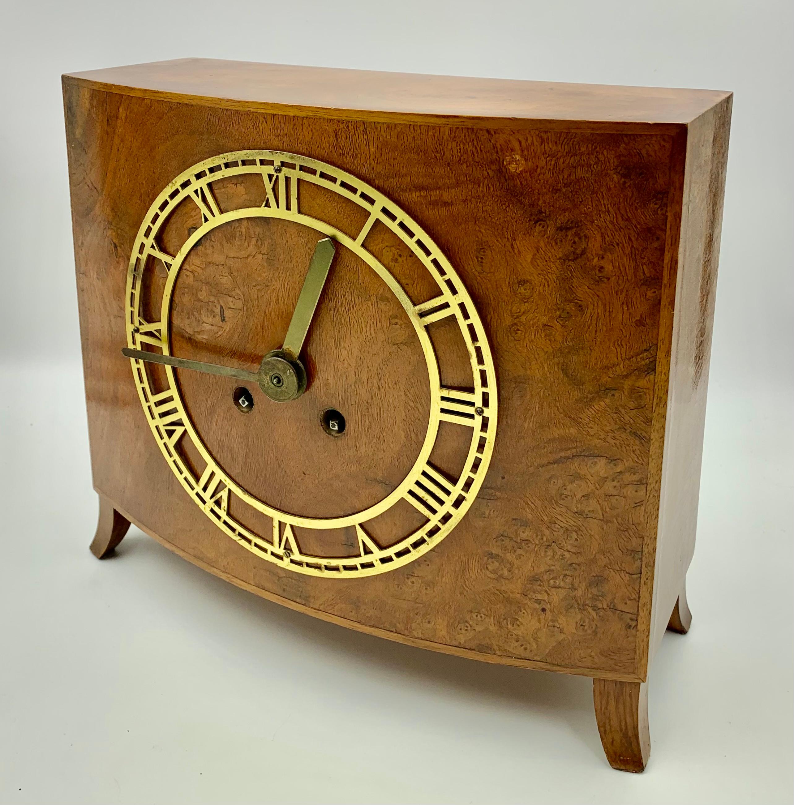 German Art Deco Lenzkirch A U G 2 Million burl walnut clock, 1930's
Stylish Deco blonde burl walnut clock with large round Roman numeral clock face. In working condition with original key. Rear contrasting dark wood doors opening to reveal the