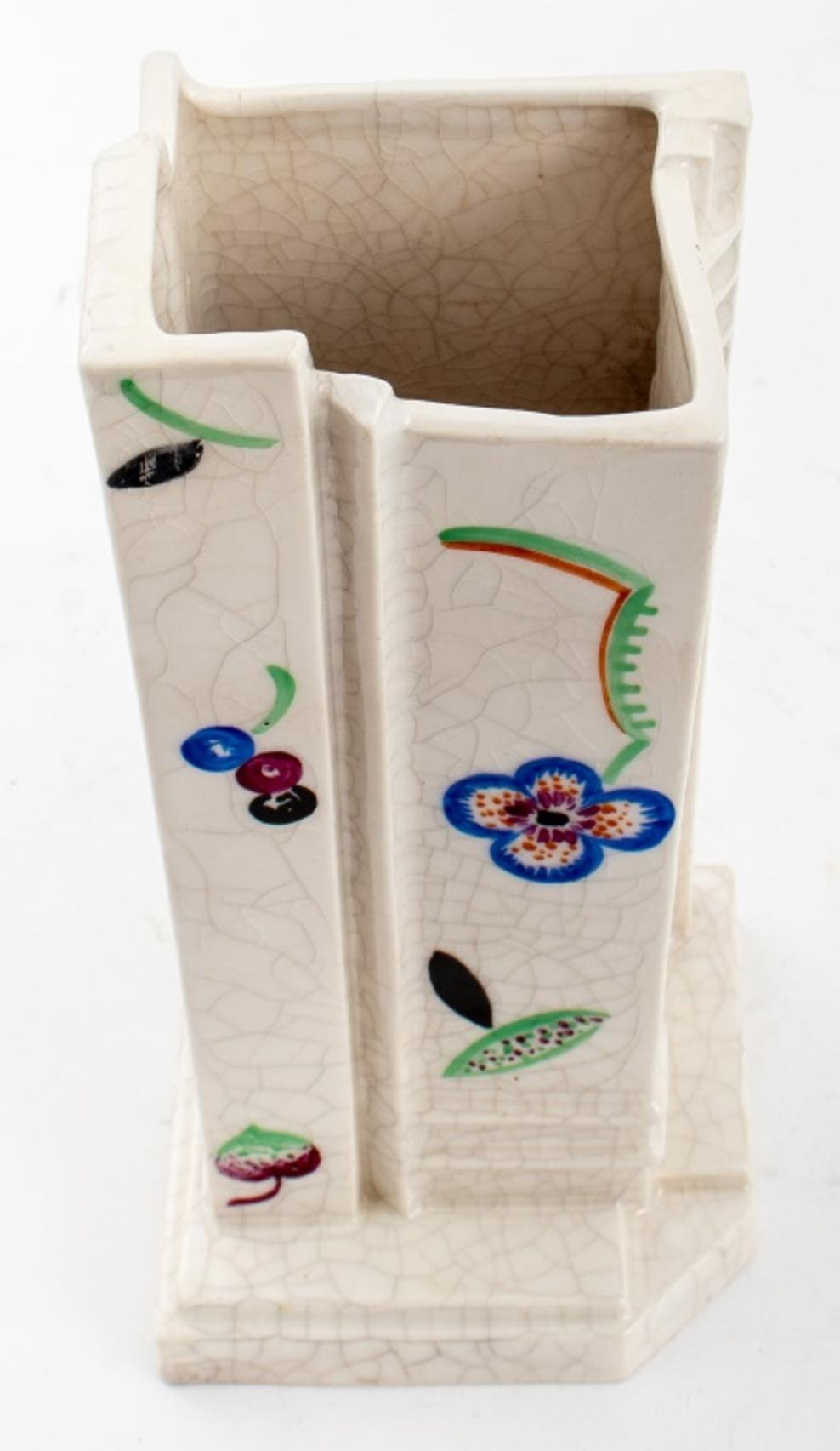 German Art Deco hand painted ceramic vase, the vessel of architectural form, the sides hand-painted with flowers, marked 