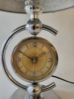 German Art Deco Chrome Mechanical Alarm Clock/Lamp with Aluminum Banded Shade.