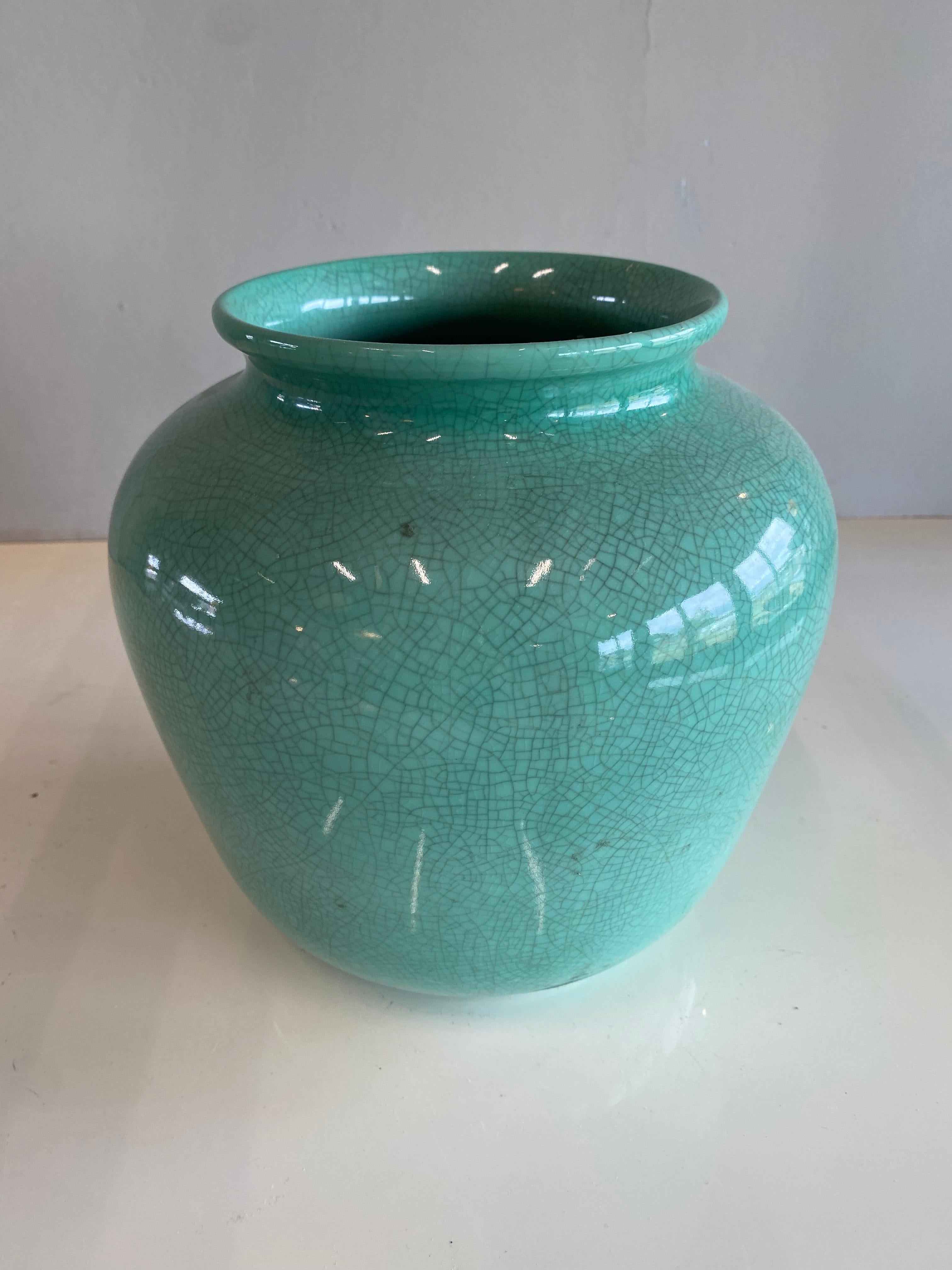 Glazed German Art Deco Craquele Vase, Light Green For Sale