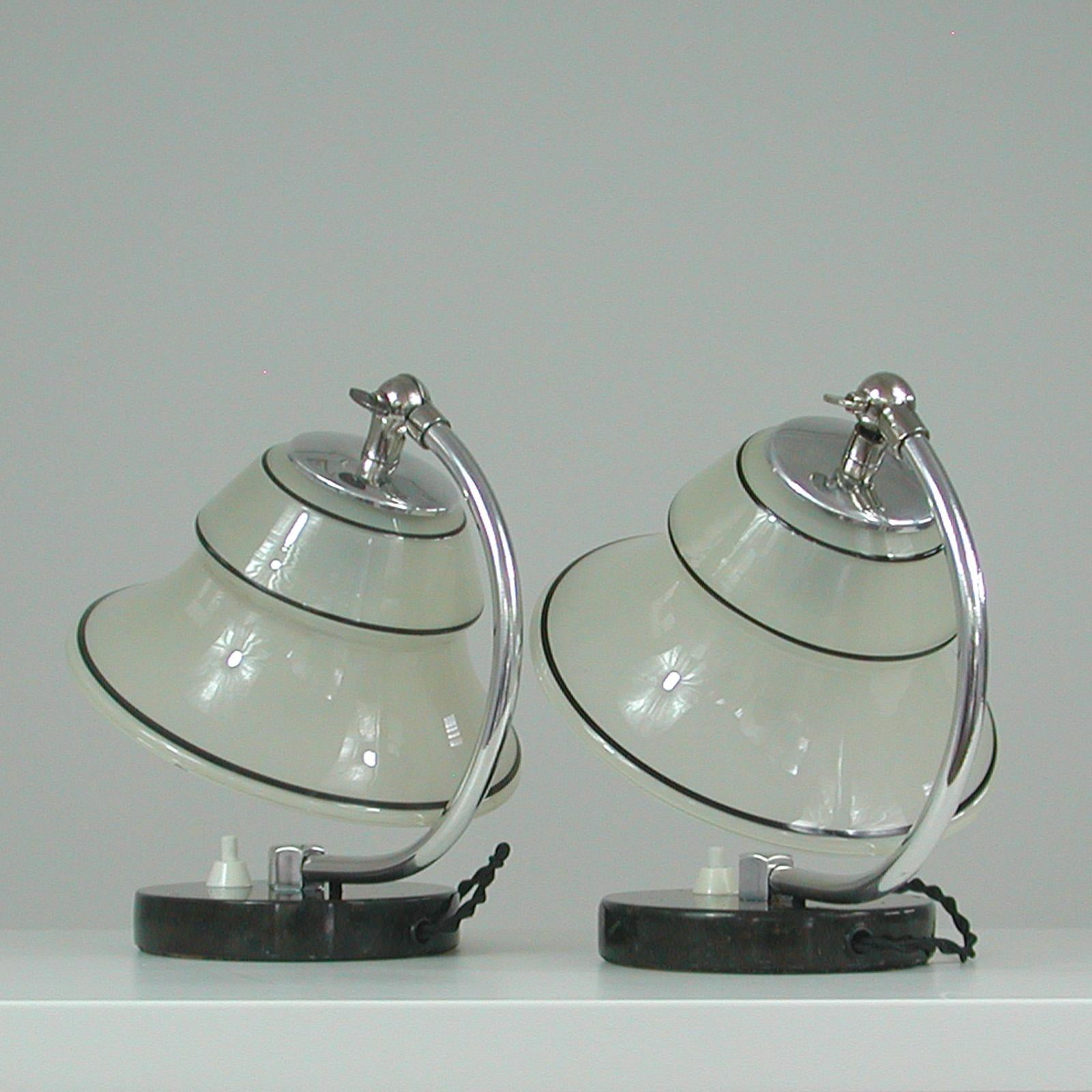 German Art Deco Enameled Satin Glass, Marble and Aluminum Table Lamps, 1930s For Sale 6