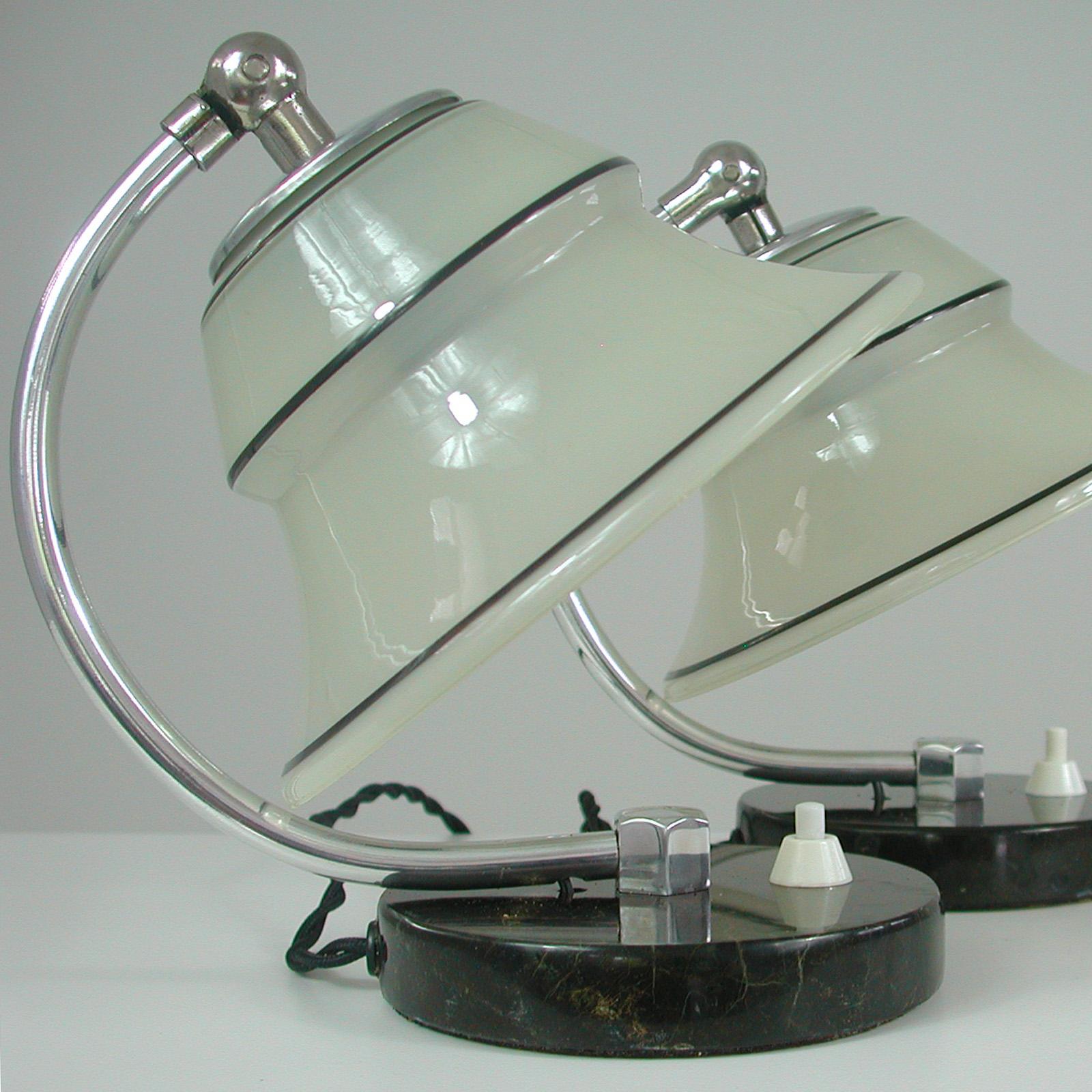German Art Deco Enameled Satin Glass, Marble and Aluminum Table Lamps, 1930s For Sale 9