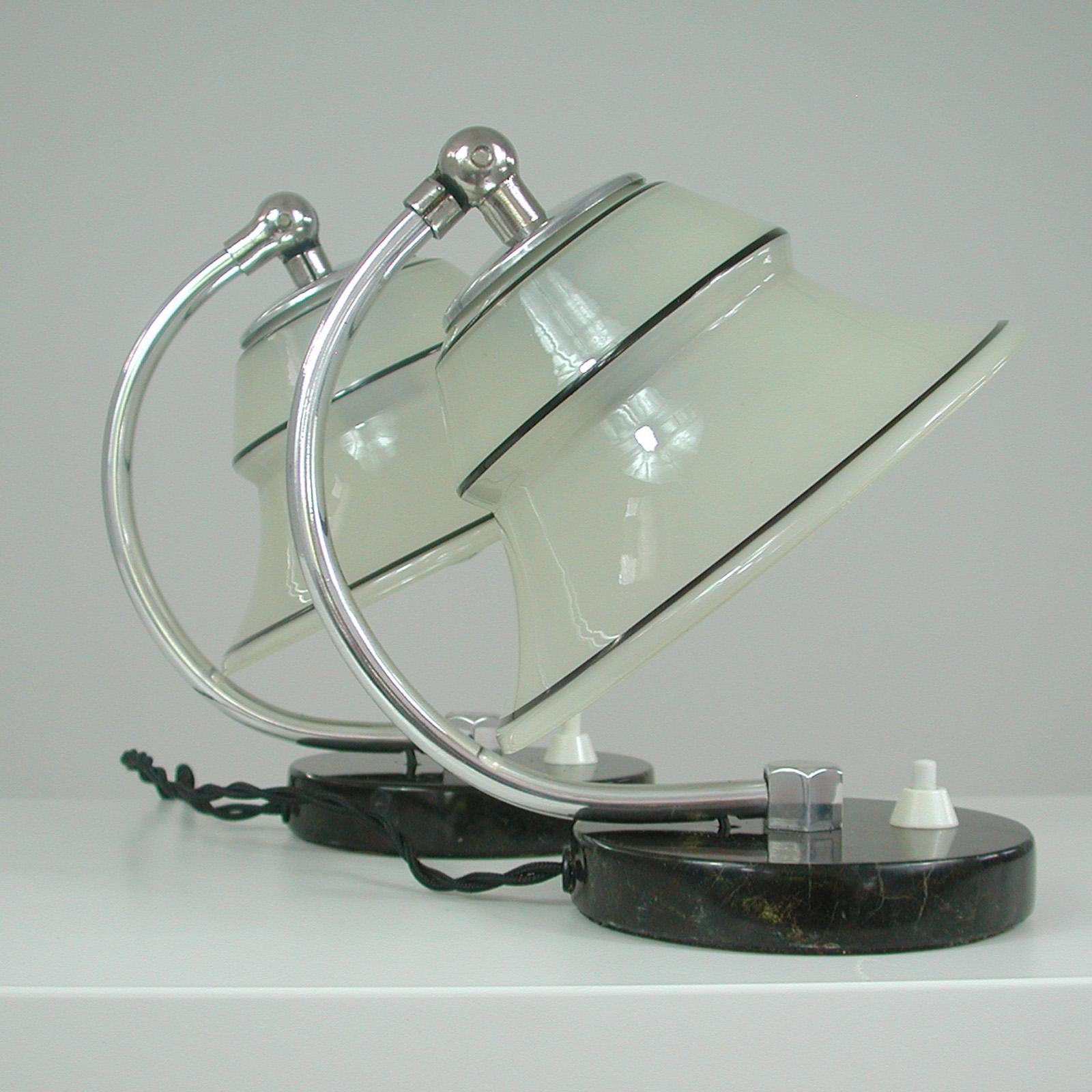 German Art Deco Enameled Satin Glass, Marble and Aluminum Table Lamps, 1930s For Sale 10