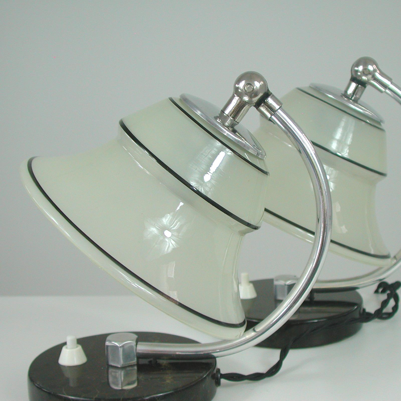 German Art Deco Enameled Satin Glass, Marble and Aluminum Table Lamps, 1930s For Sale 11